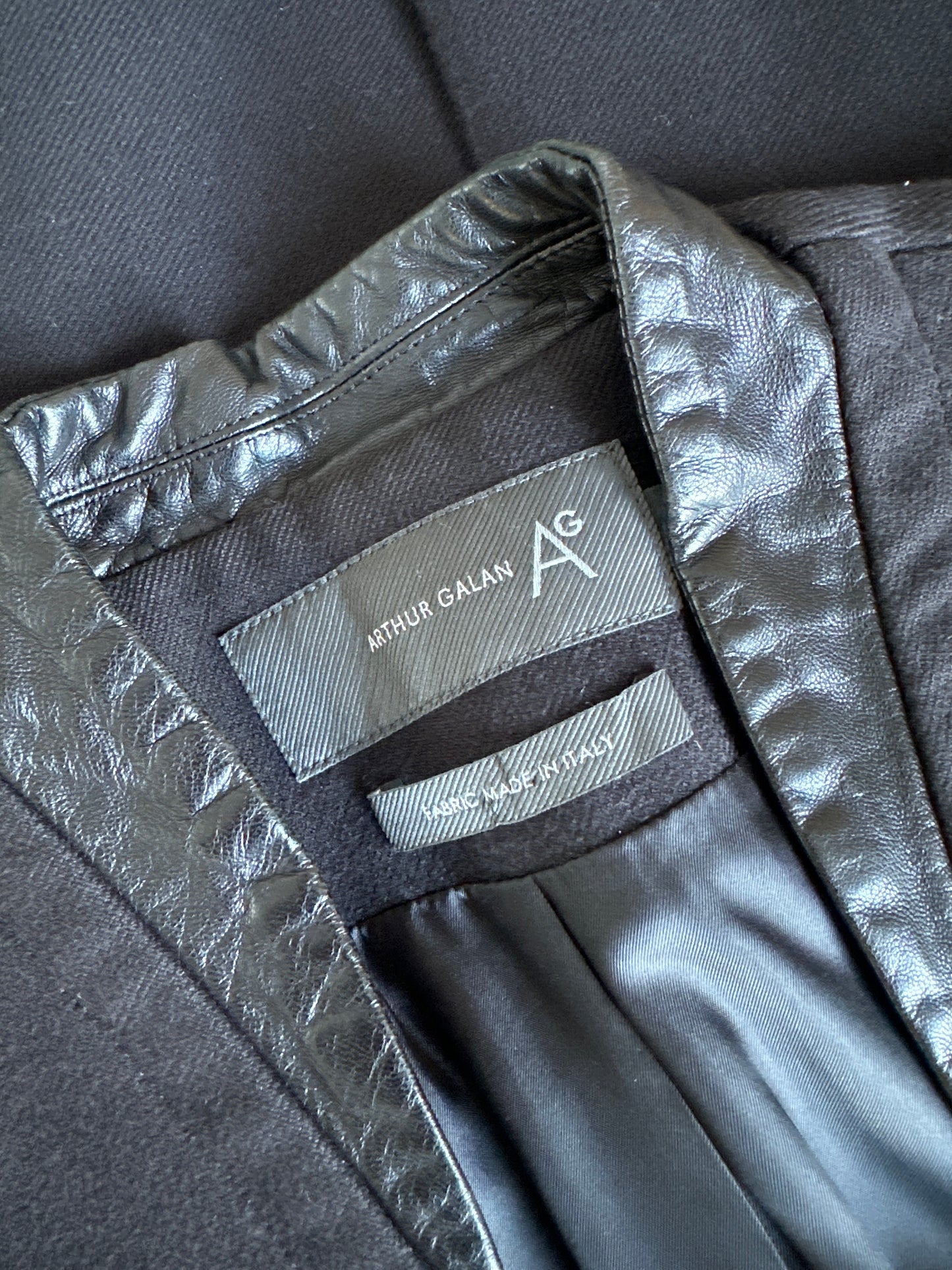 Arthur Galan | jacket | size 8 | single breasted | cotton wool blend with leather trim