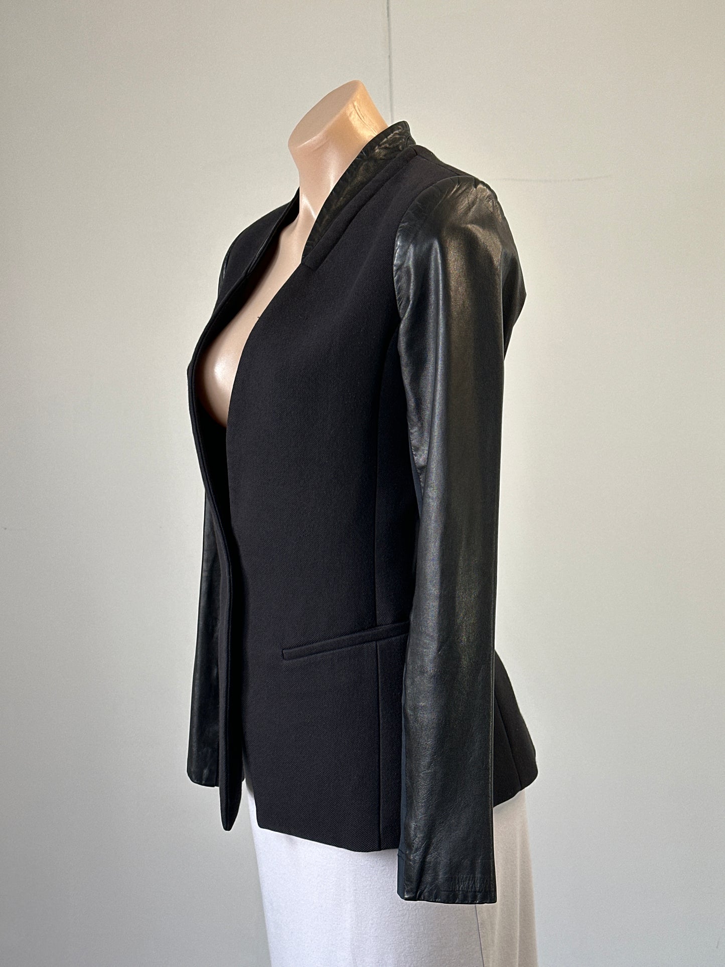 Arthur Galan | jacket | size 8 | single breasted | cotton wool blend with leather trim
