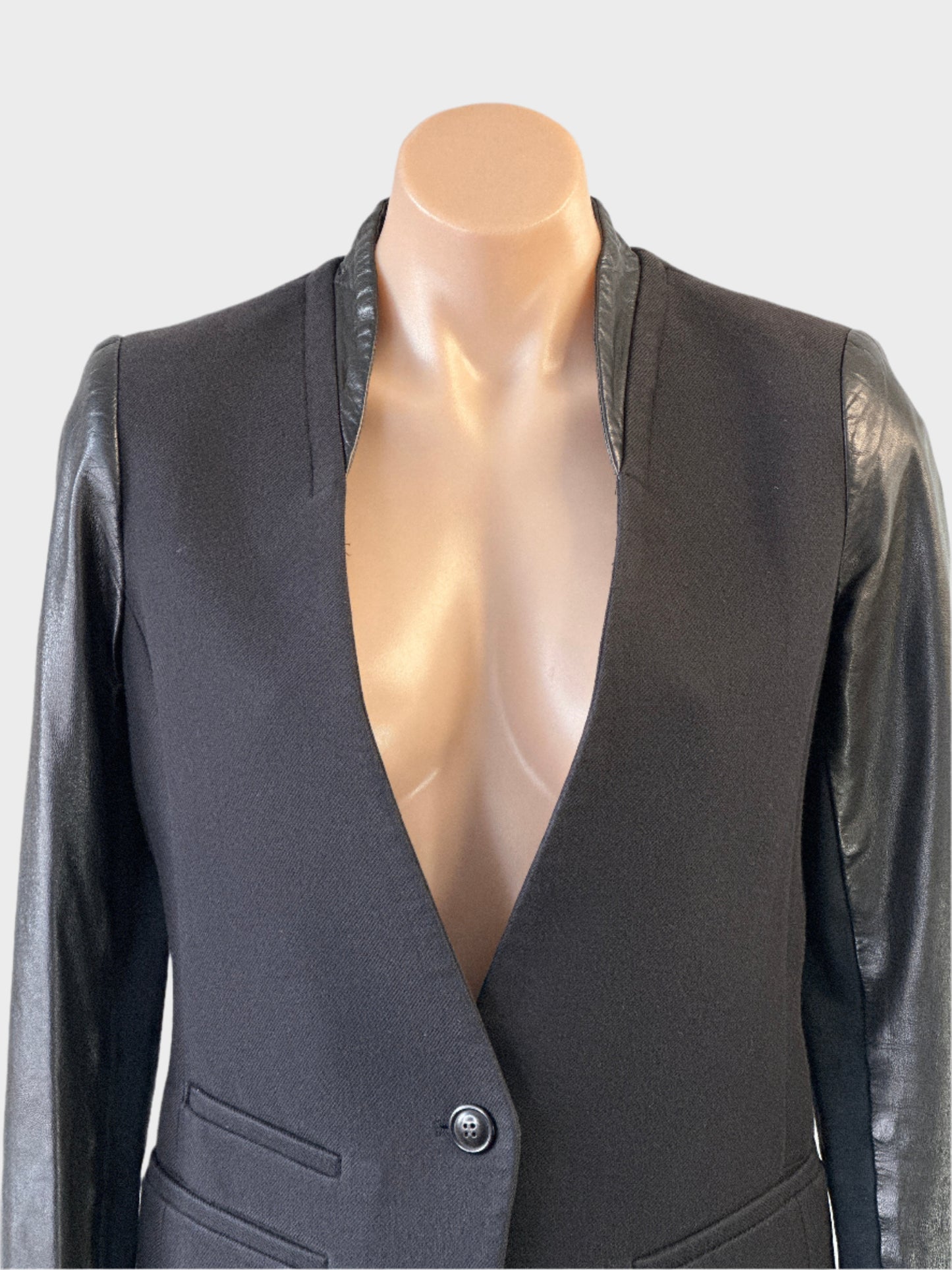 Arthur Galan | jacket | size 8 | single breasted | cotton wool blend with leather trim