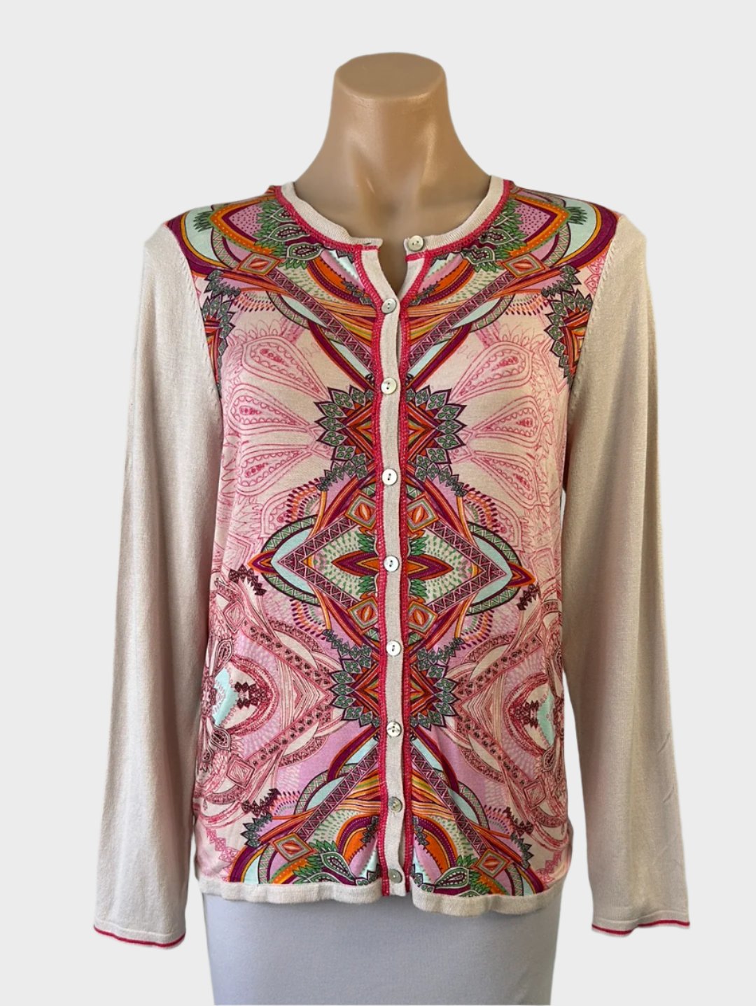 W.Lane cardigan in pink knit with paisley print panel, round neck, button-up closure, and rib trim for smart casual wear.