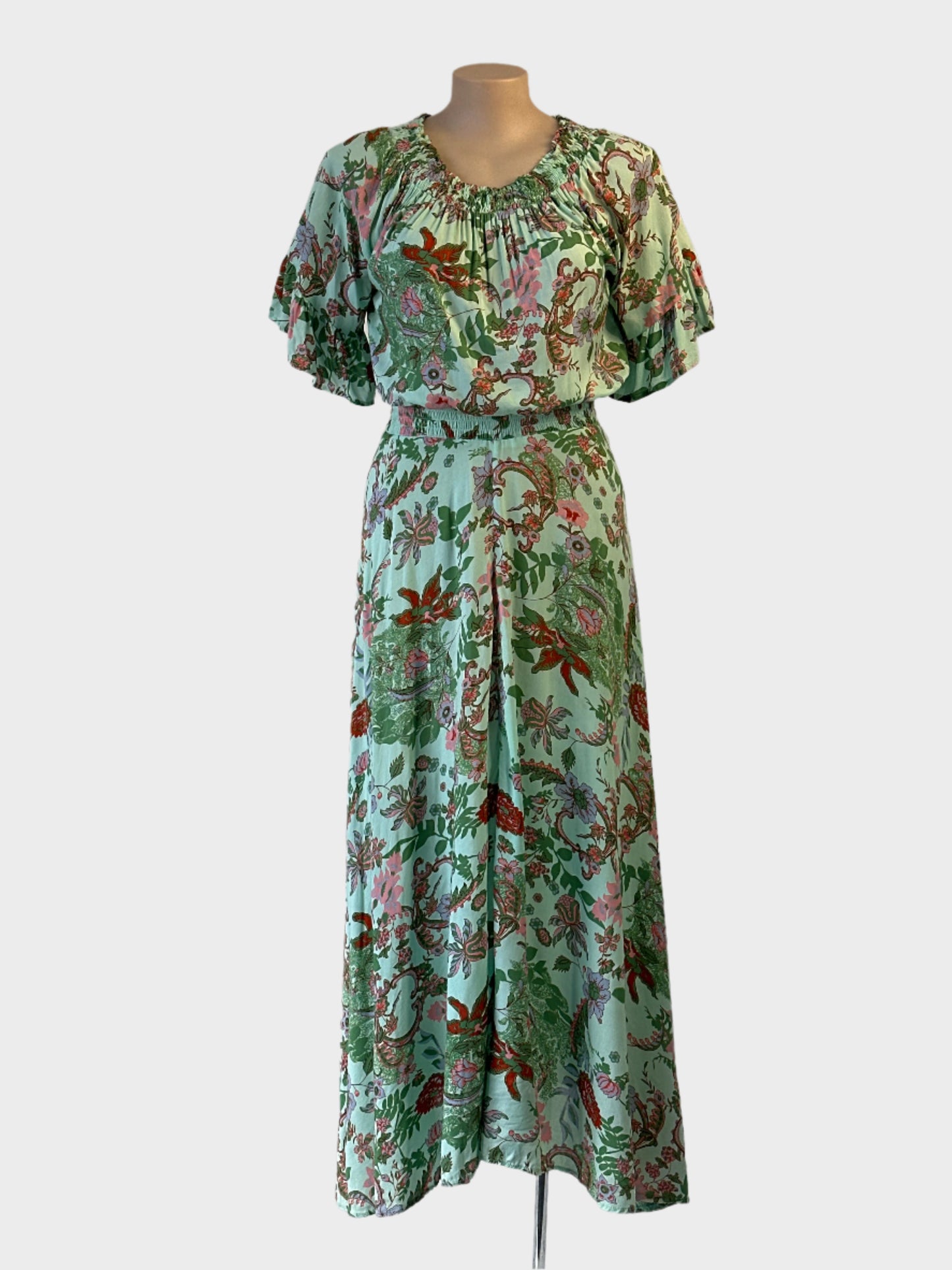 Aloha Lucy boho style blouson dress in green and pink floral print for smart casual or resort wear.