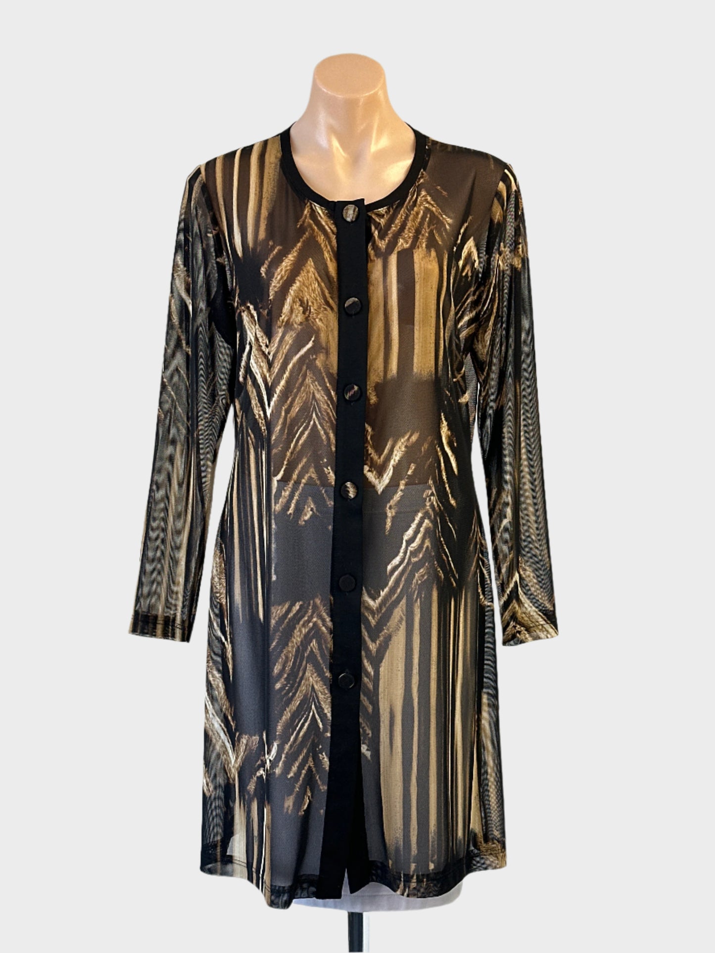 Designer Andiamo sheer black mesh jacket with bronze stripe print and button front for evening or office wear