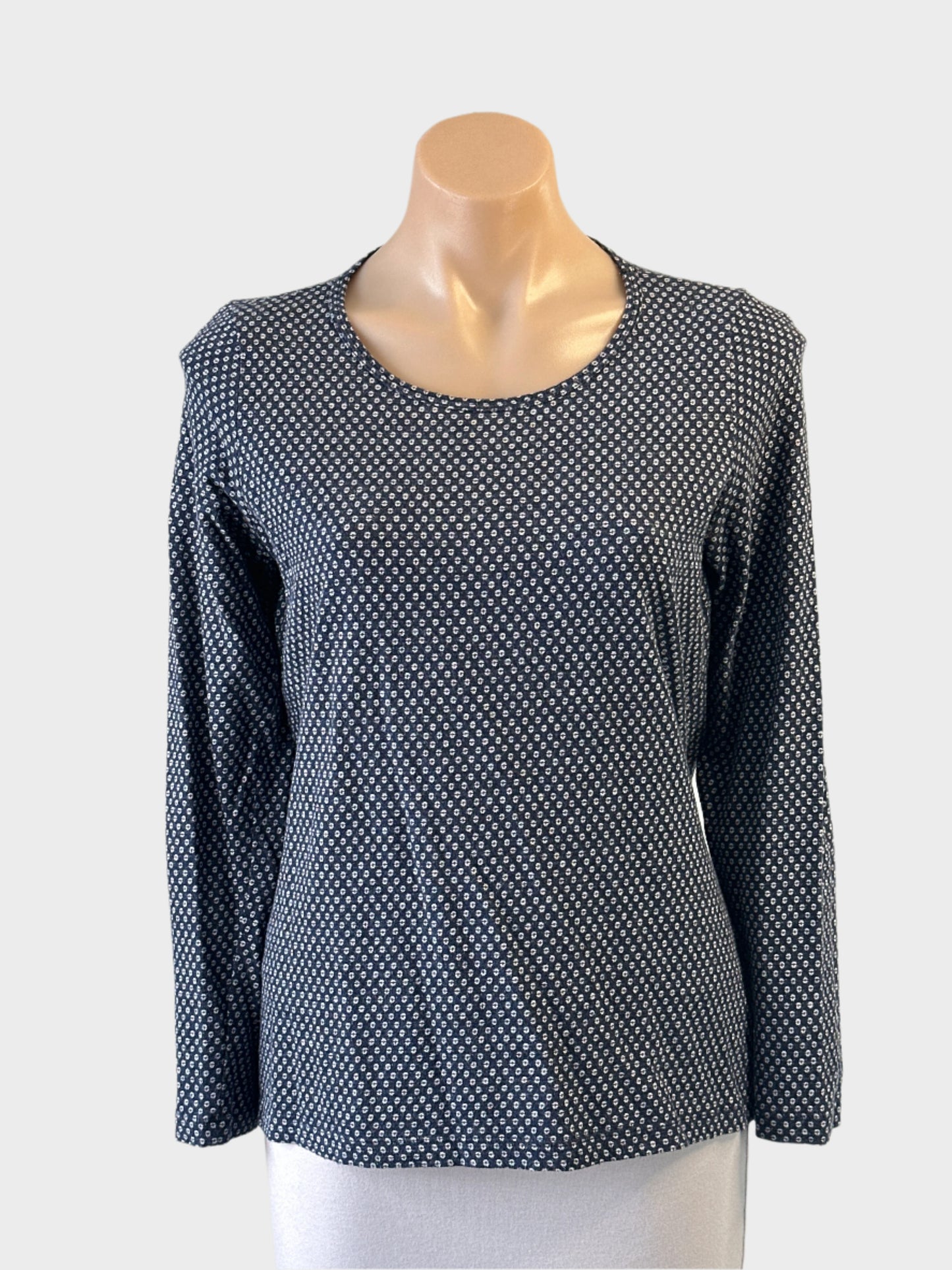 Designer Anna Thomas slate blue floral long sleeve top with round neck for smart casual wear.