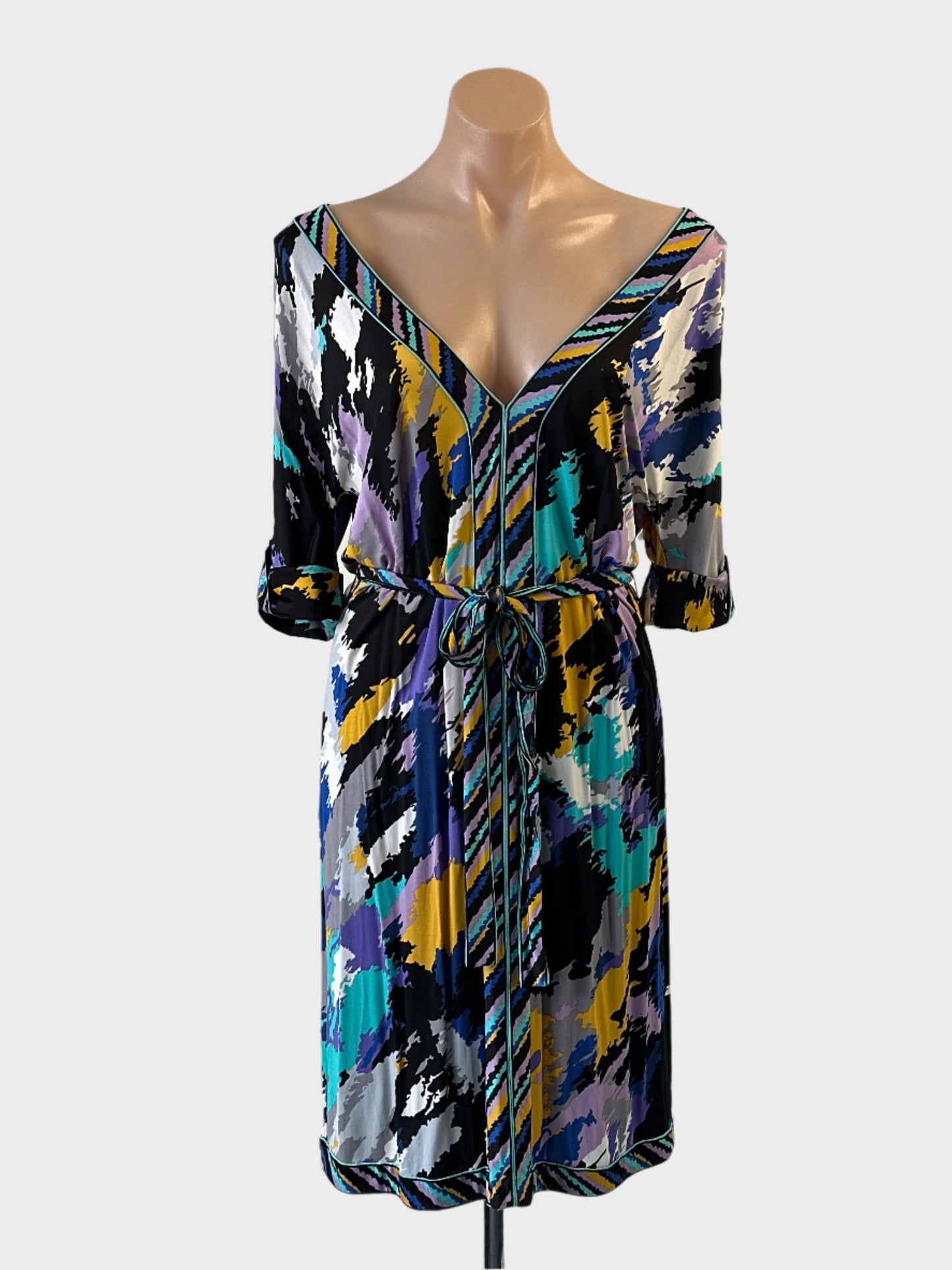 Designer BCBG Max Azria shift dress in multicoloured brushstroke print with sash tie waist for office wear