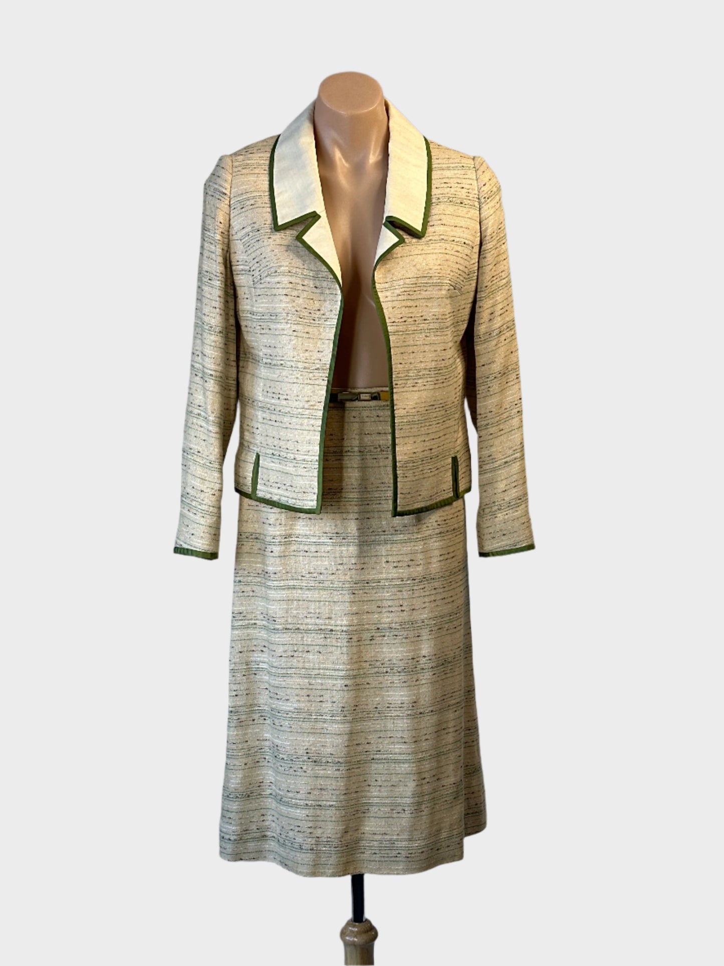 Designer Benson Landes beige and green vintage 60's skirt and jacket set with contrasting trim and skinny belt for special events.