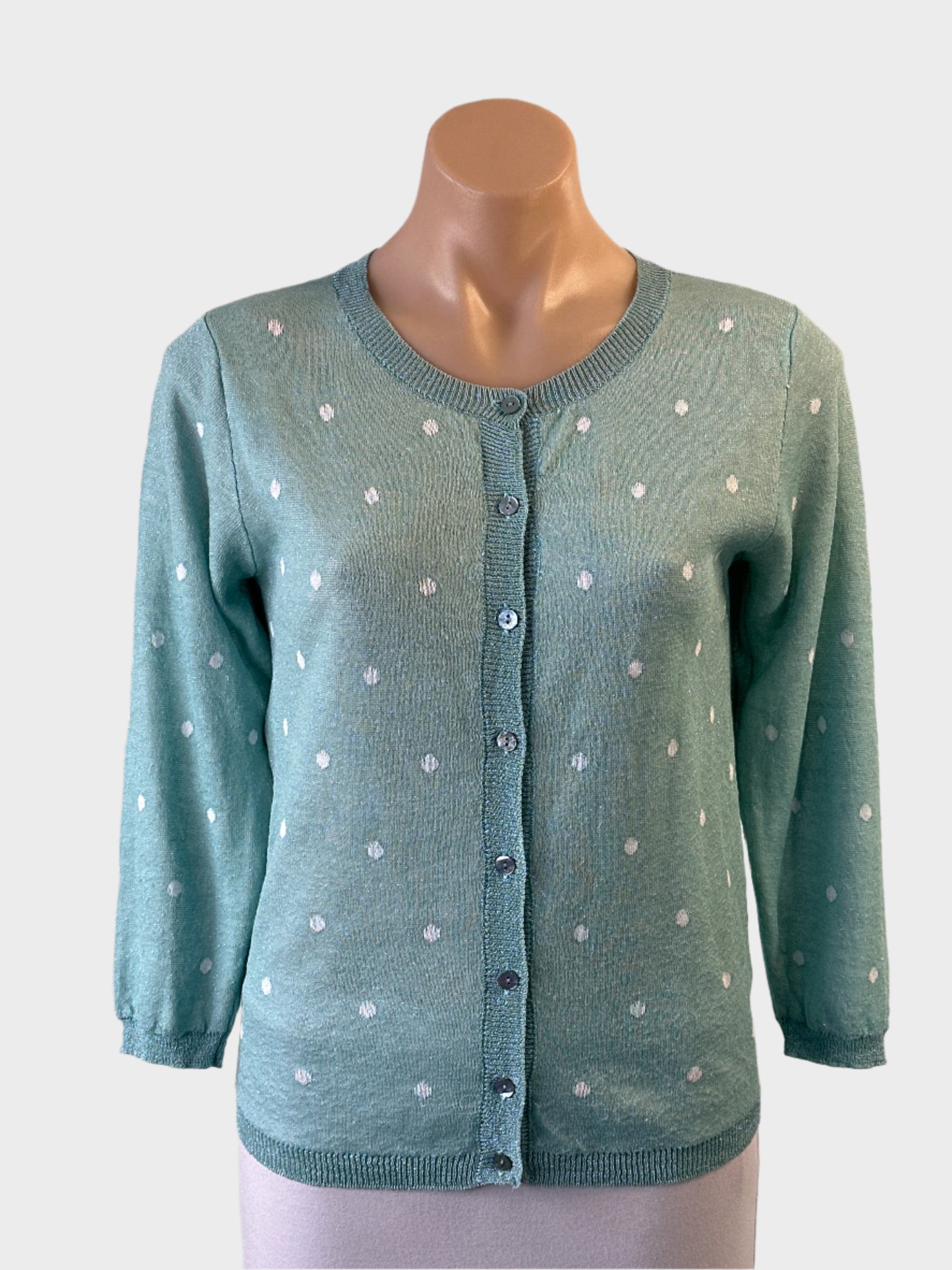 Designer B.yu cardigan in green and white with metallic flecks and button front for office or special events wear.