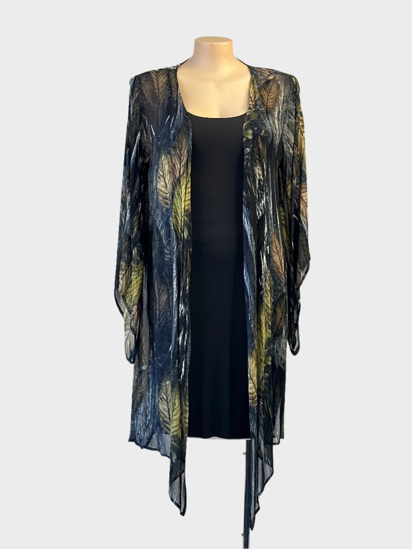 Carolina open front cardigan jacket in grey and green botanical print for smart casual or evening wear.