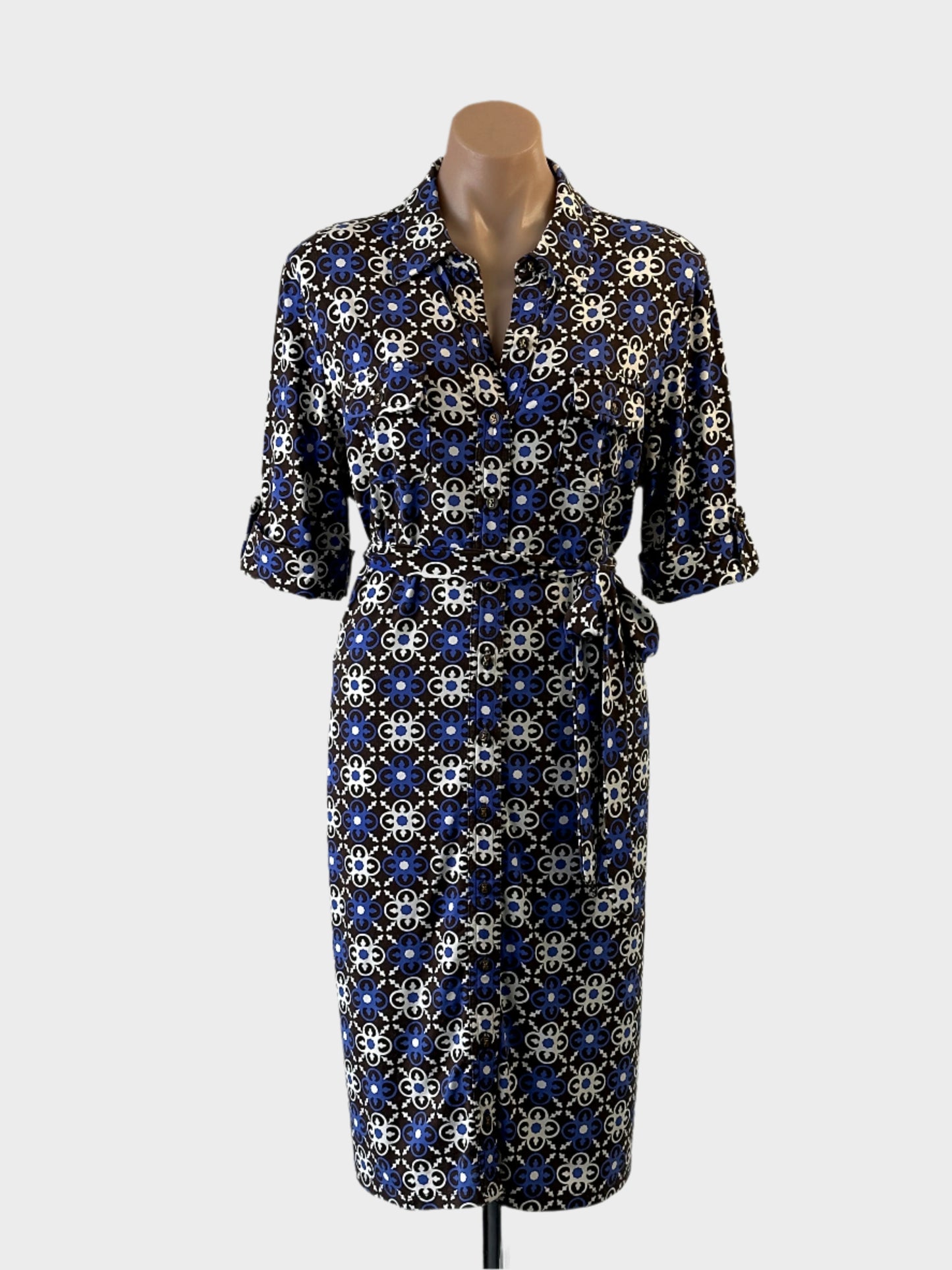 Charter Club shirt dress in brown and blue quatrefoil print with waist sash for office wear.