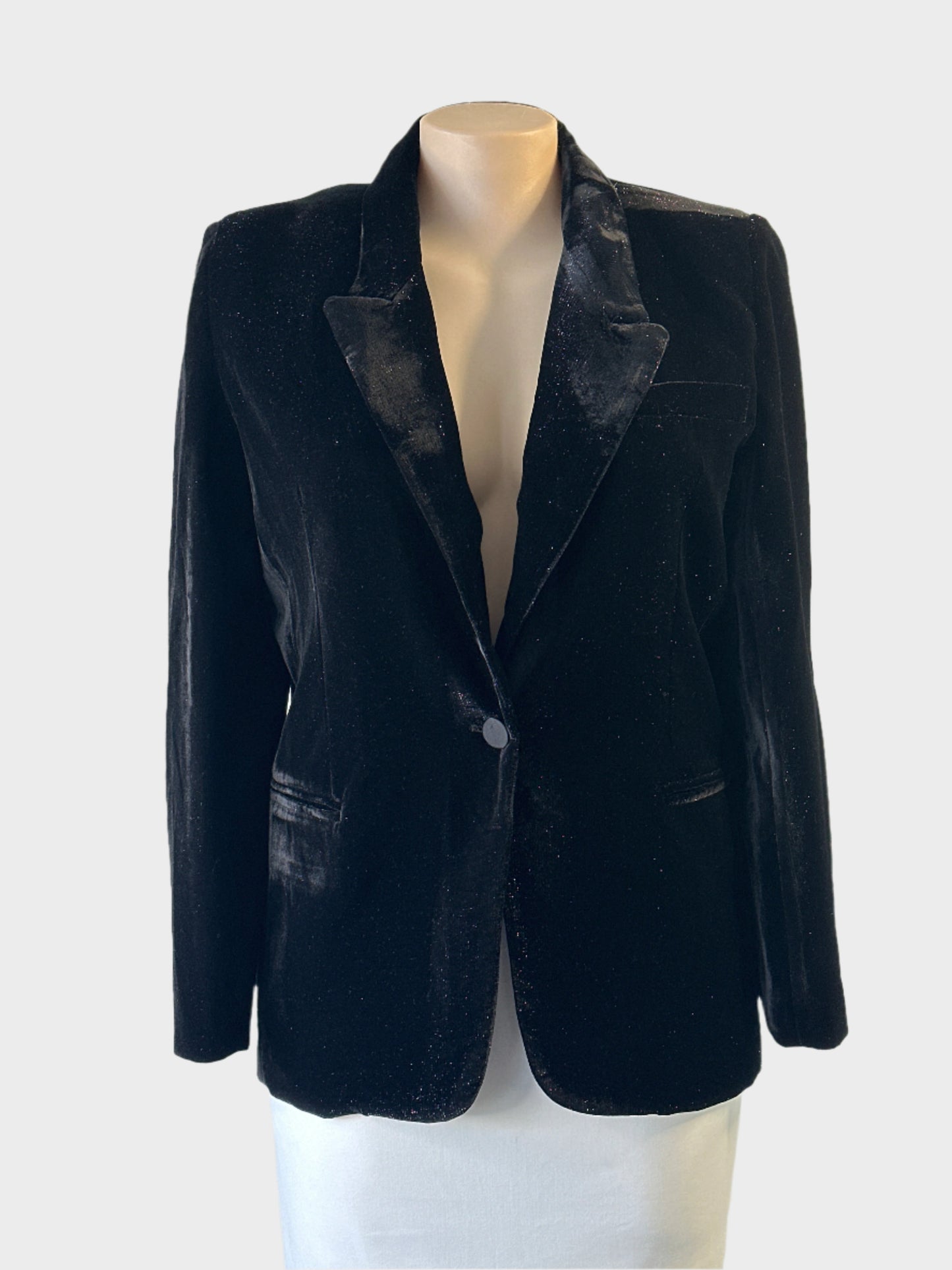 Chi Chen single breasted black velvet jacket with metallic flecks and wing lapels for formal or evening wear.