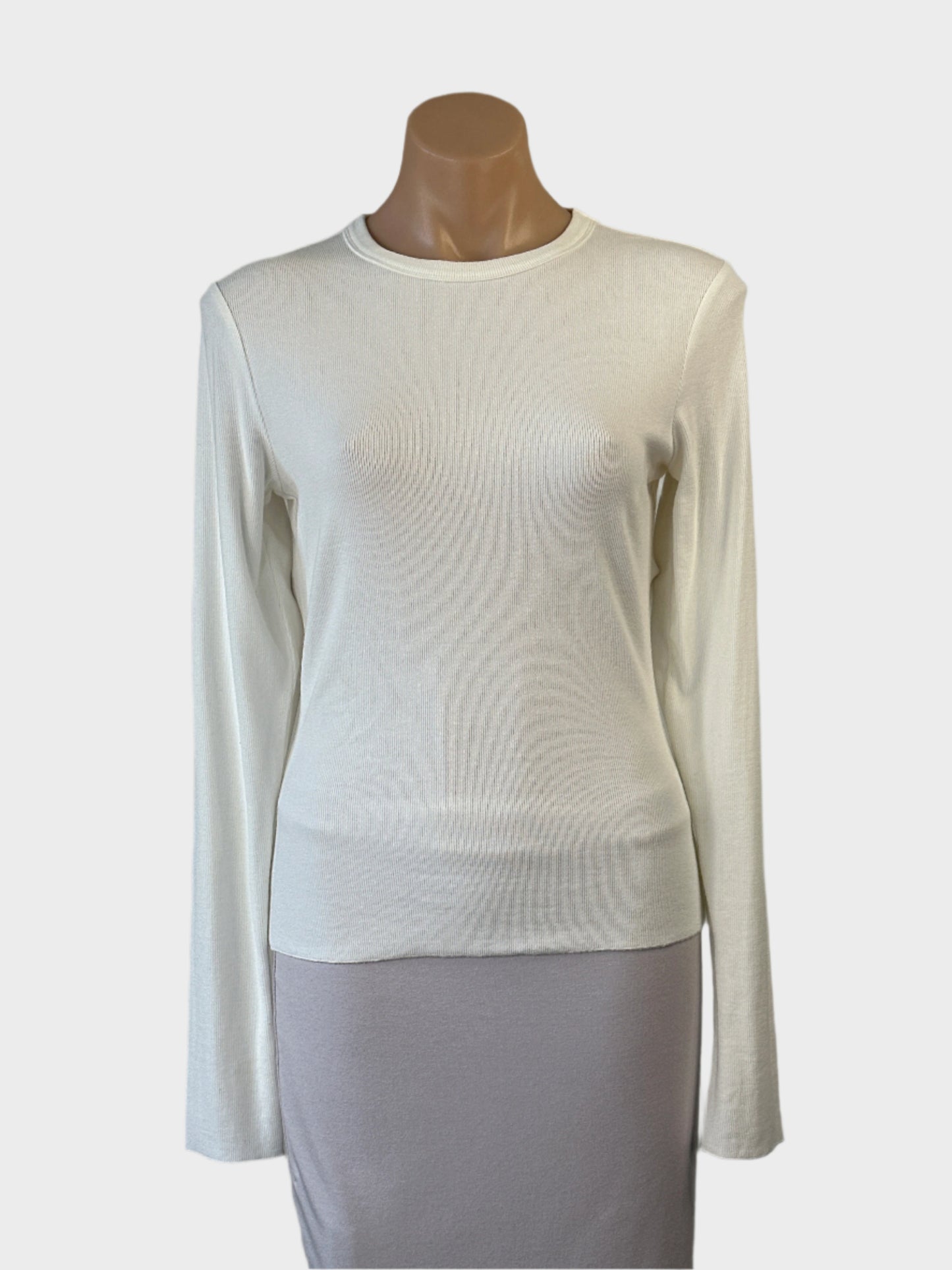 Designer Chosen by Tuchuzy ivory long sleeve rib knit top with crew neck and raised back seam for office or smart casual wear.