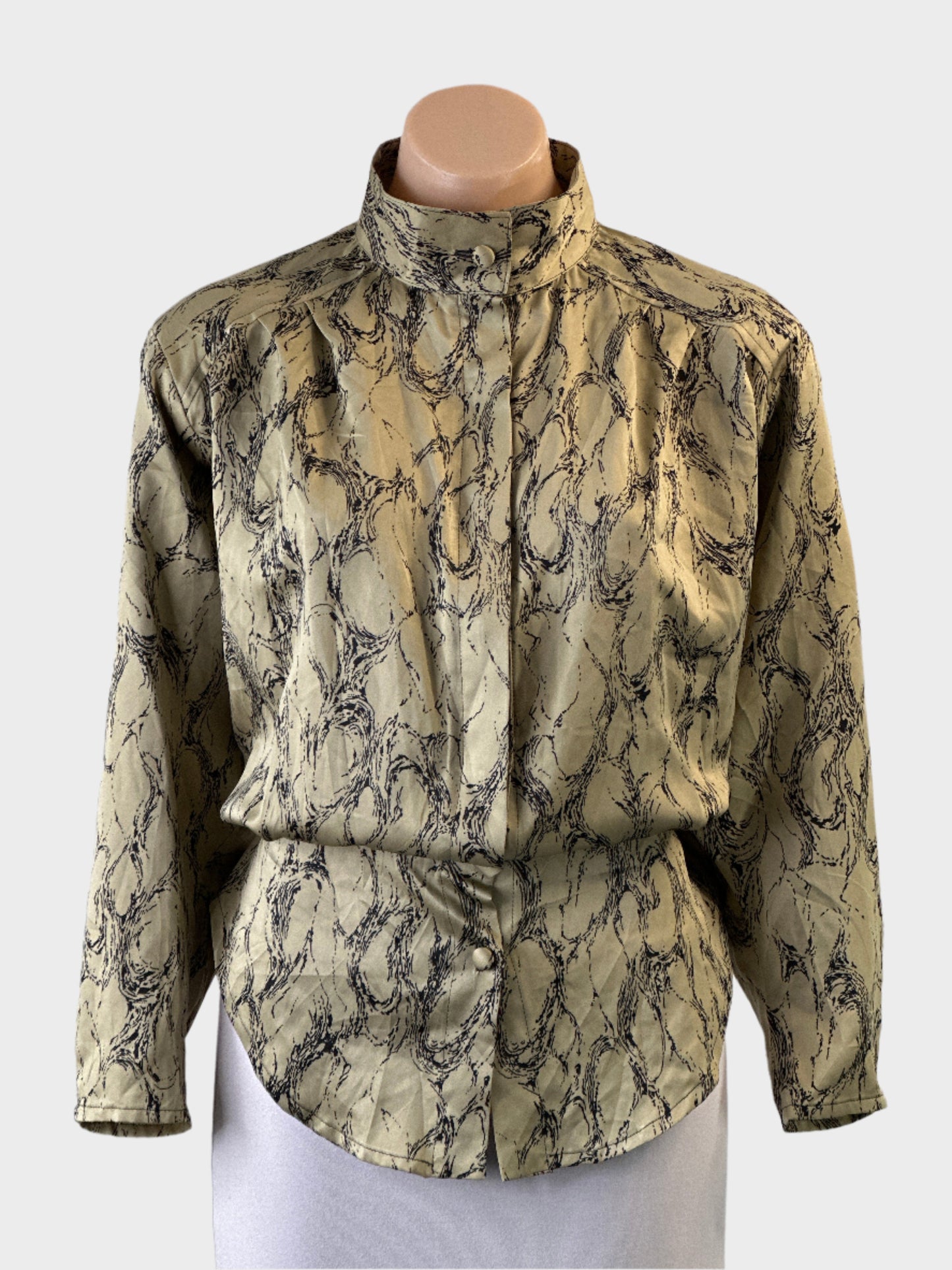 Designer Chrisdi Adelaide vintage 80's shirt in gold and black marbled print with peplum waist for office or special events wear.