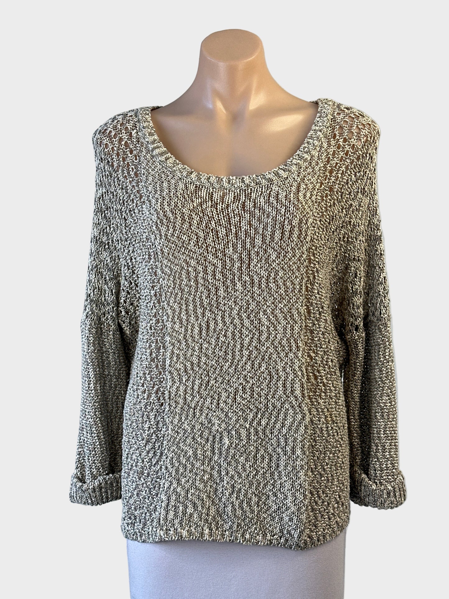 Cleo + Billabong taupe and ivory sweater with scoop neck, variegated rib knit, open side panels for smart casual wear