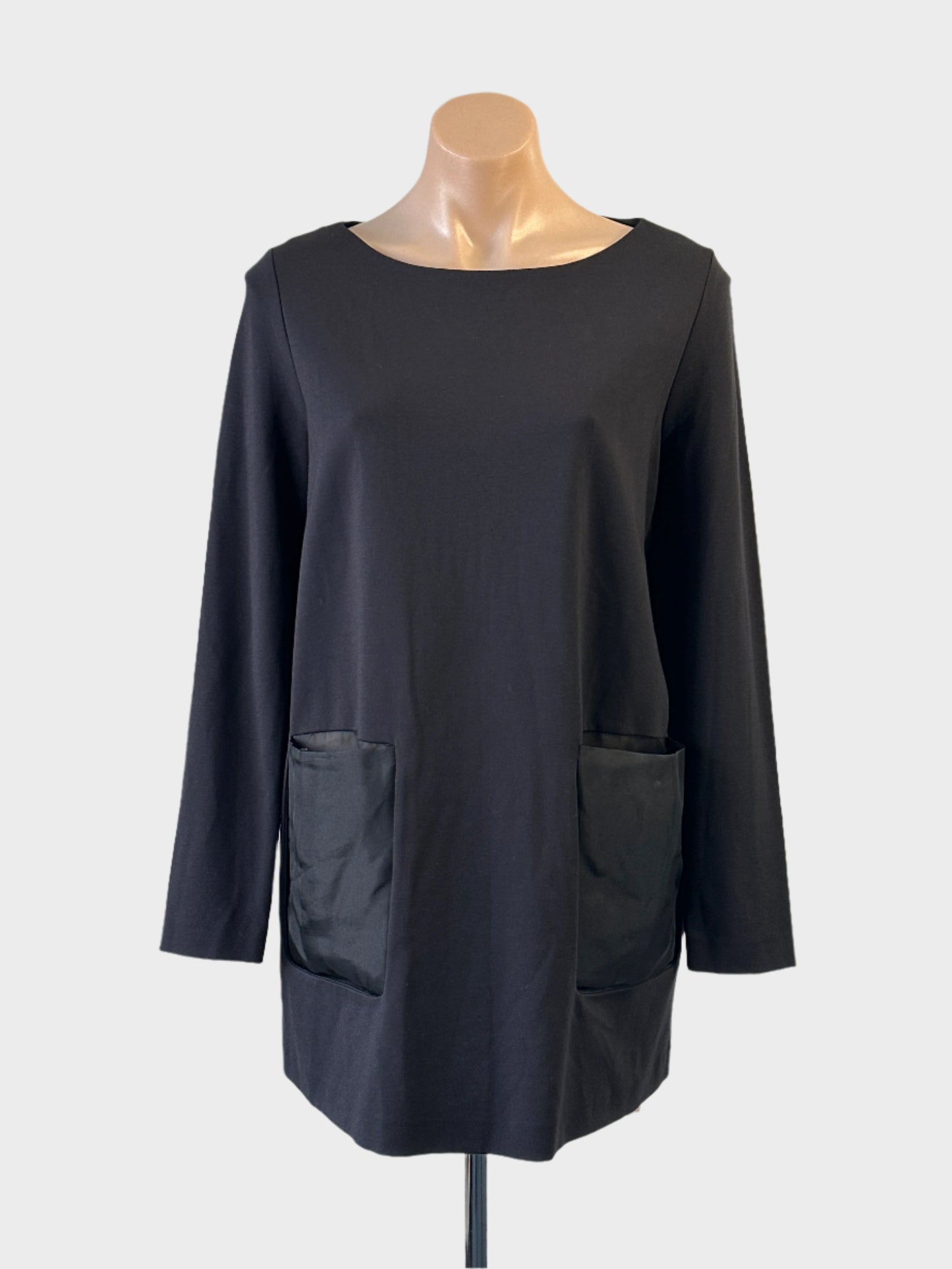 COS black Ponte Roma jersey dress with bateau neck and satin patch pockets for office or smart casual wear.
