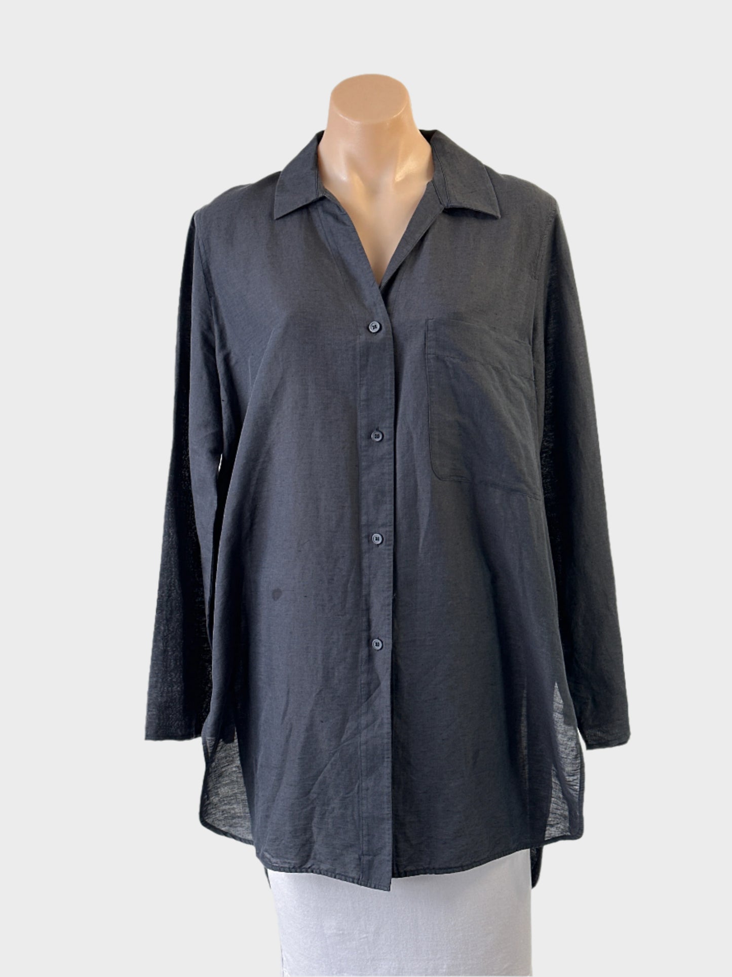 COS oversized shirt in grey textured linen with pleated back and shirt tail hem for office or smart casual wear.