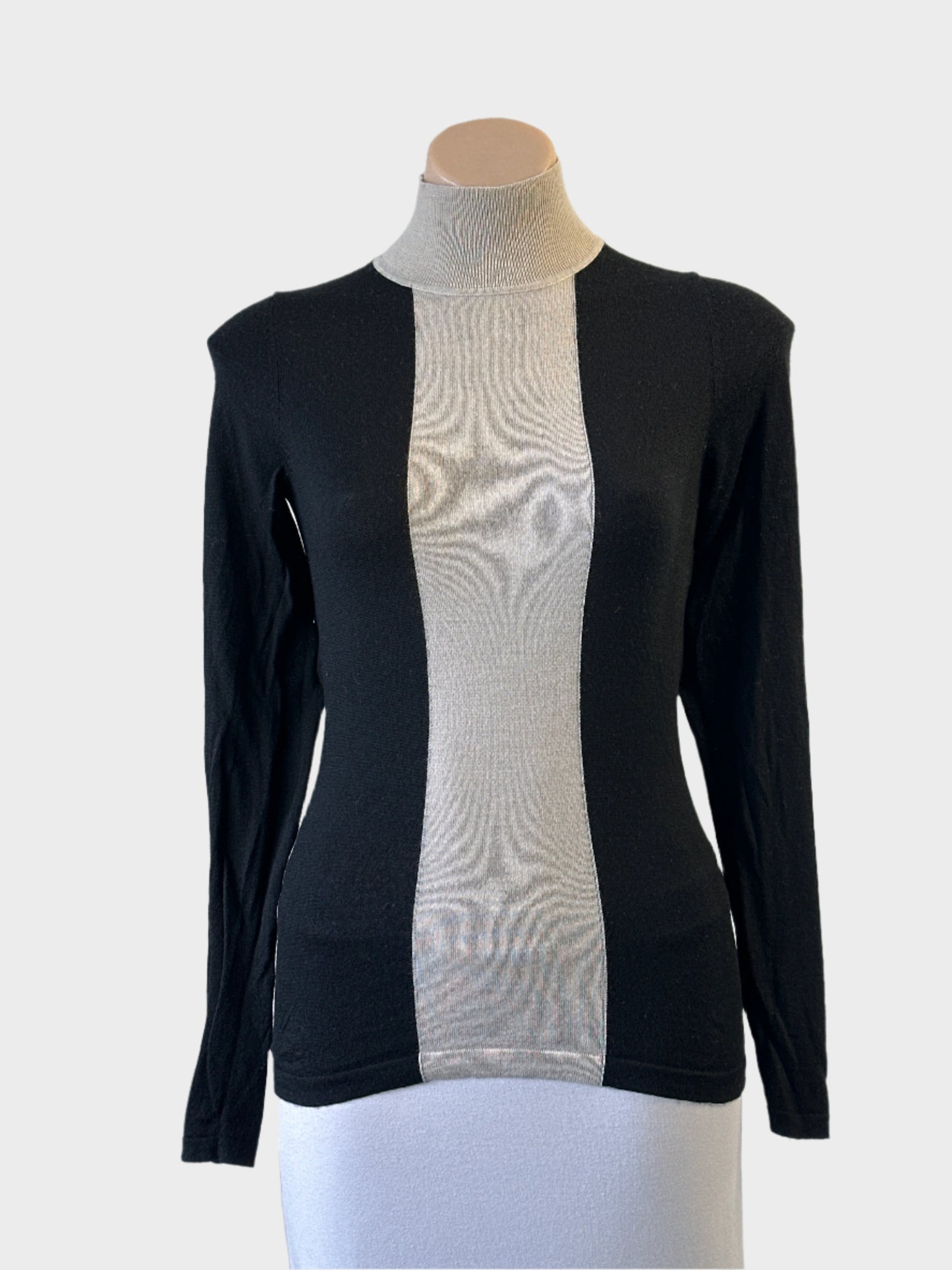 Cue sweater in black and beige with contrasting front panel and polo neck for office or smart casual wear.