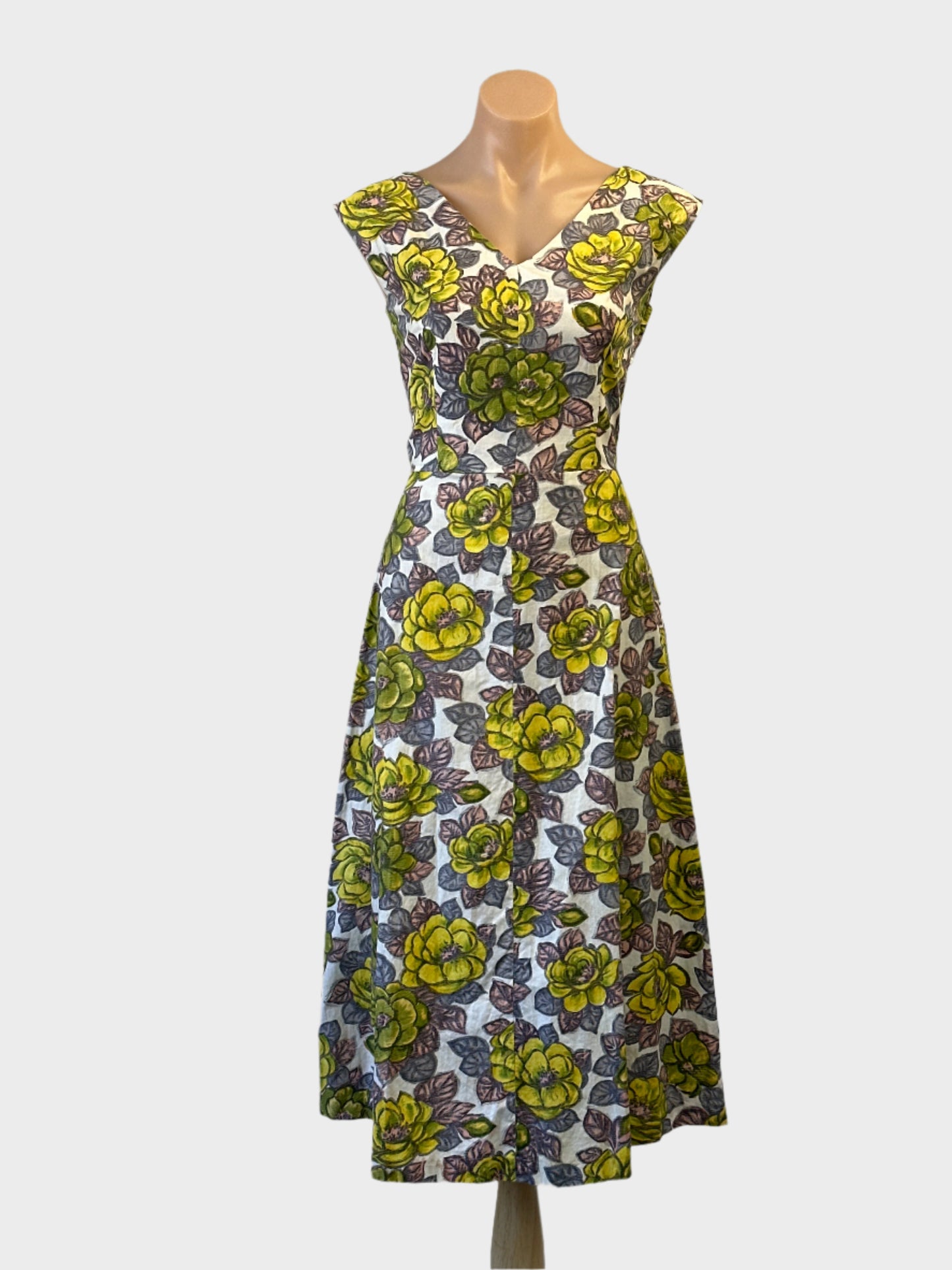 Custom made vintage 60's sleeveless A-line dress in yellow and grey yellow roses print for smart casual or special events wear.