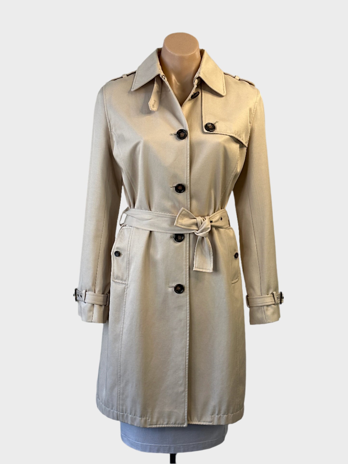 David Lawrence beige gabardine classic trench coat with storm flaps and flap pockets for office or smart casual wear.