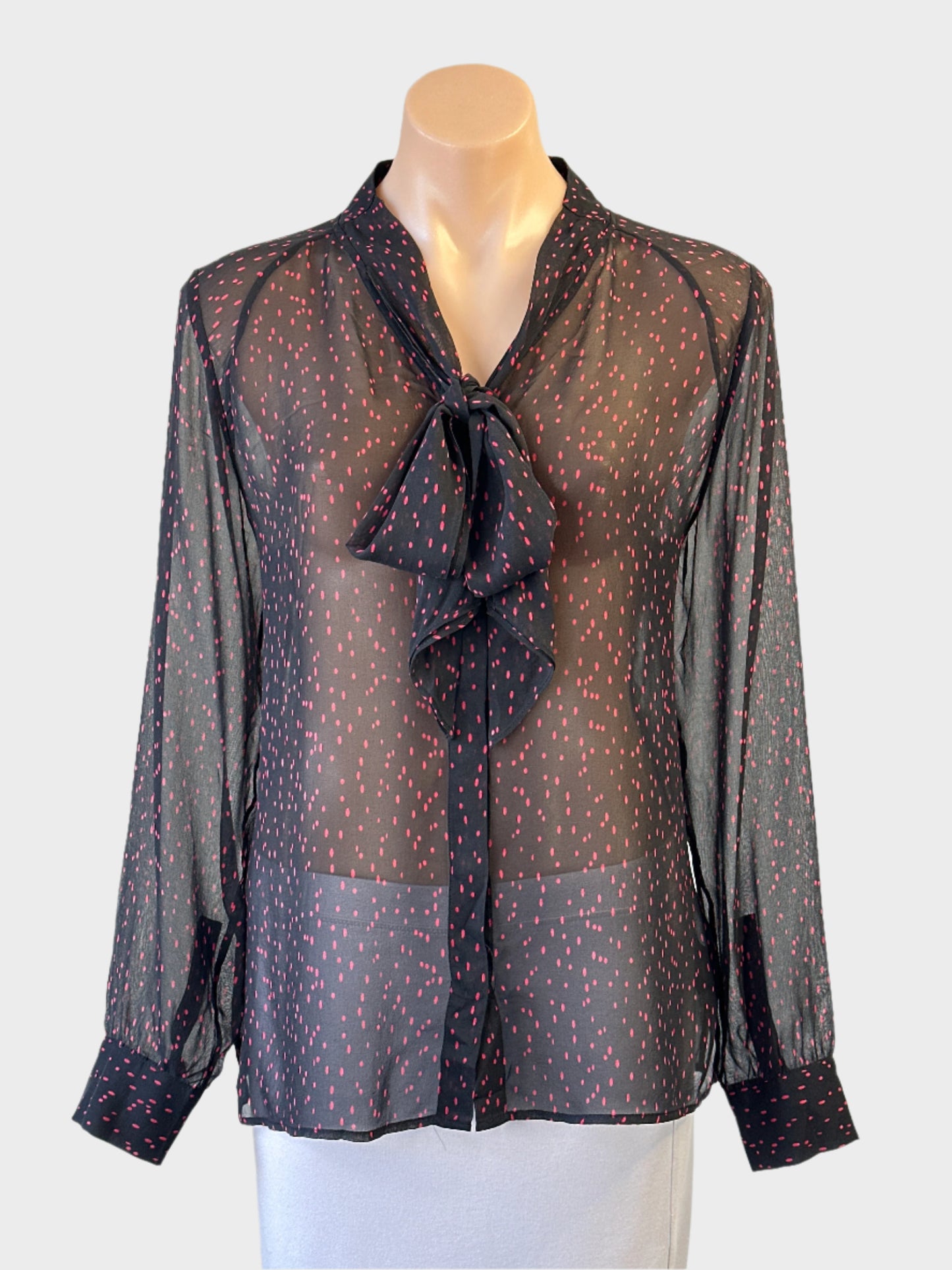 David Lawrence black and red sheer crepe speckle print shirt with pussy bow tie for office or evening wear.