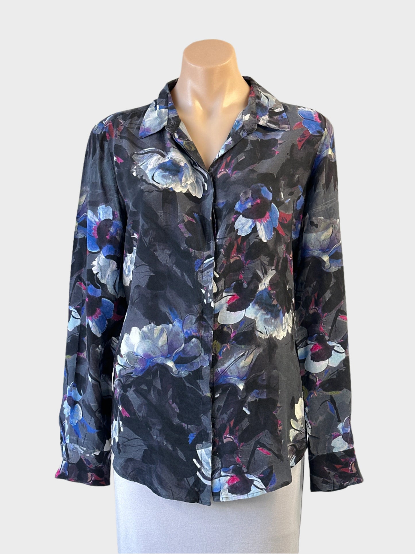 David Lawrence shirt in charcoal and blue floral print silk with long sleeves and standard collar for office or smart casual wear.