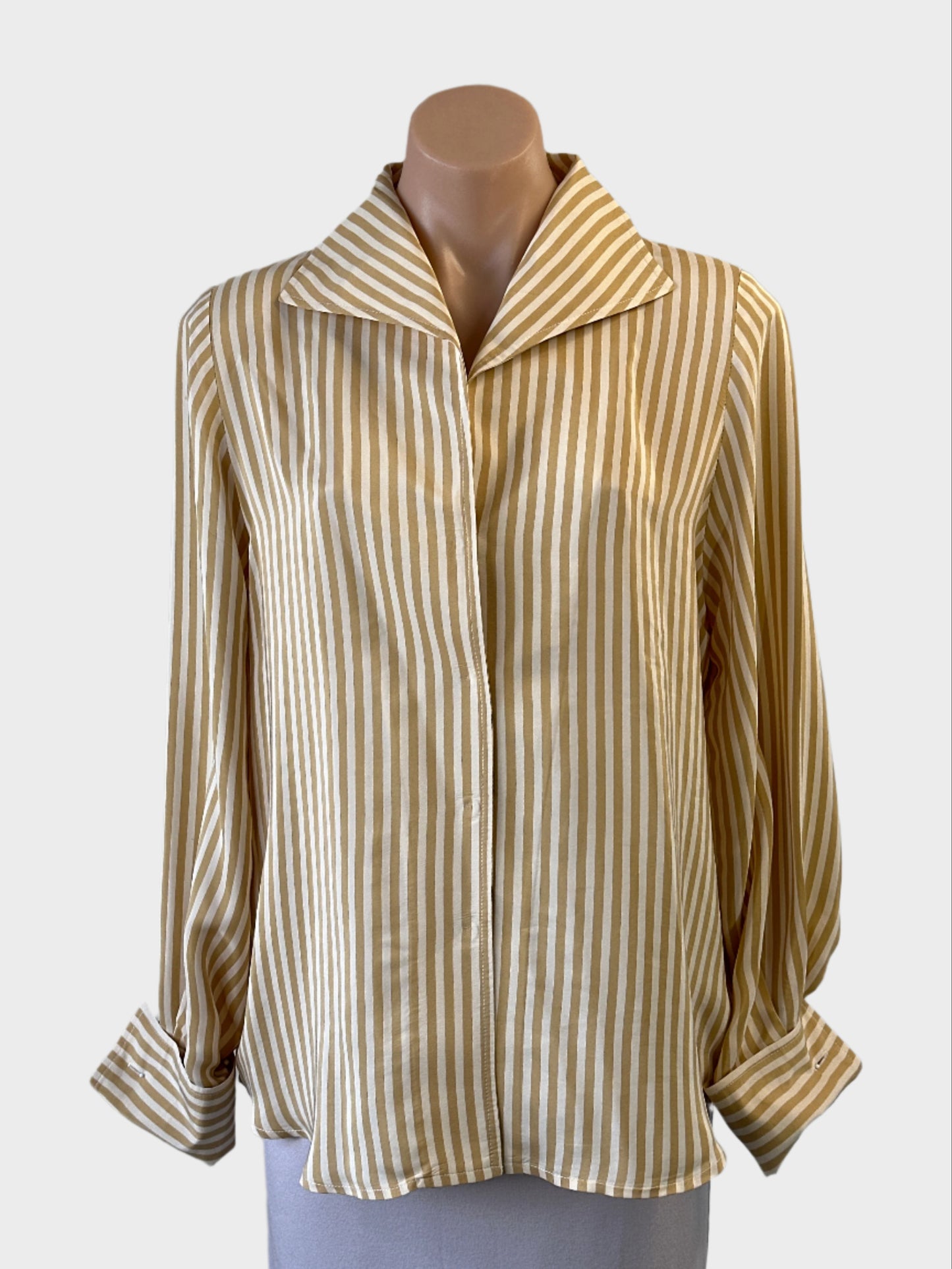 Designer beige and white striped pure silk shirt with wing collar and French cuffs for office wear.