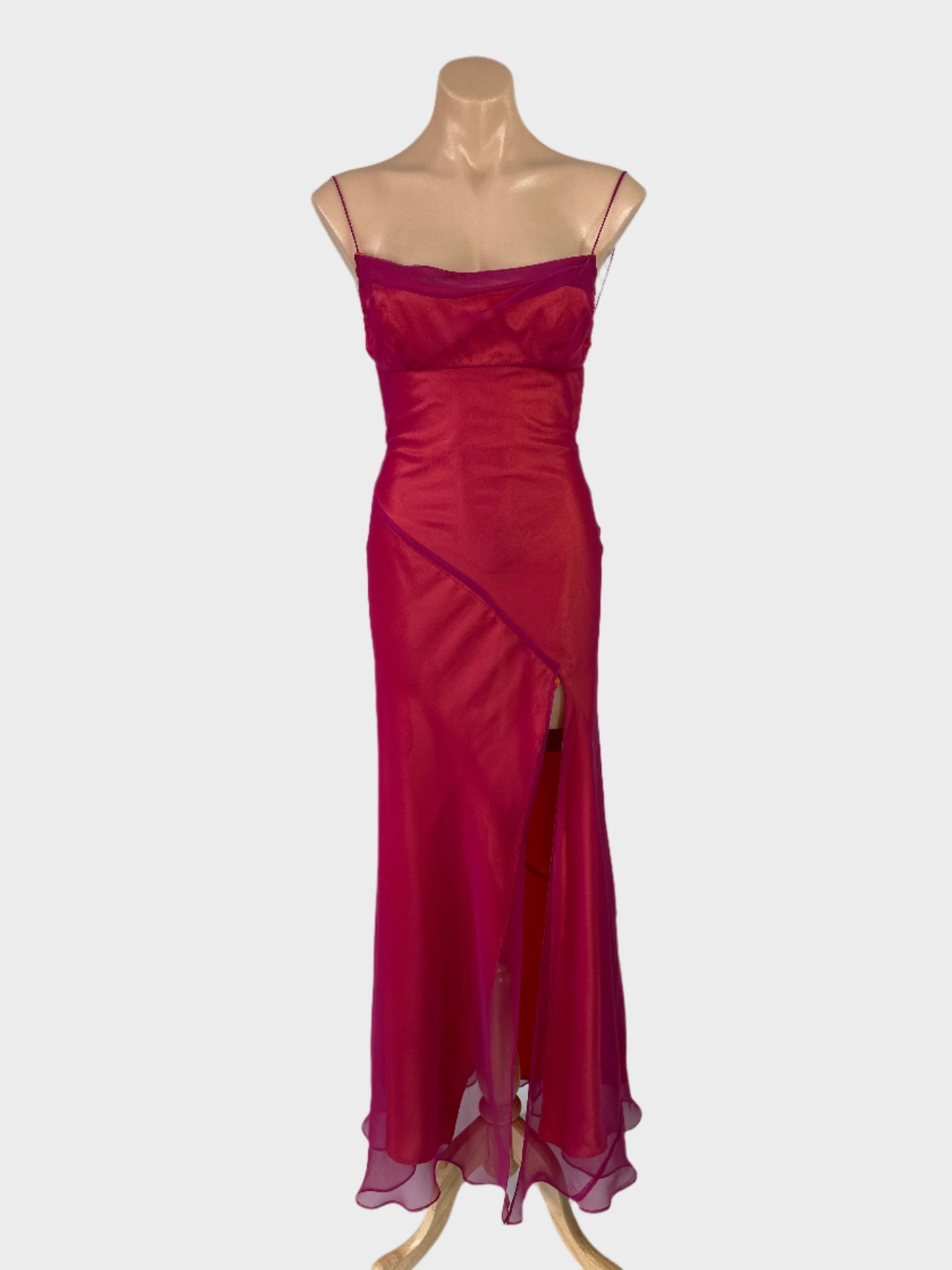 Designer Eileen Kirby pink and orange backless gown with sheer overlay, satin slip, and goddess split skirt for formal wear.
