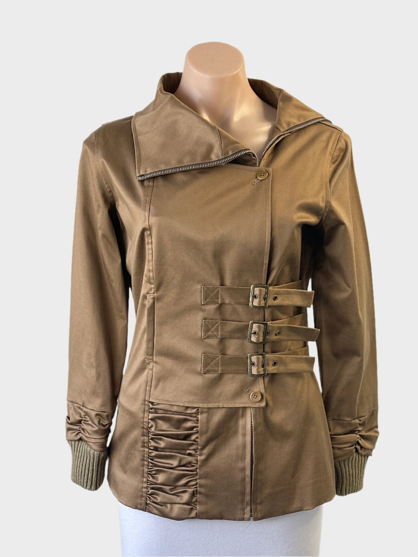 Designer Ermis brown double breasted jacket with ruched front and belted waist for office or special events.