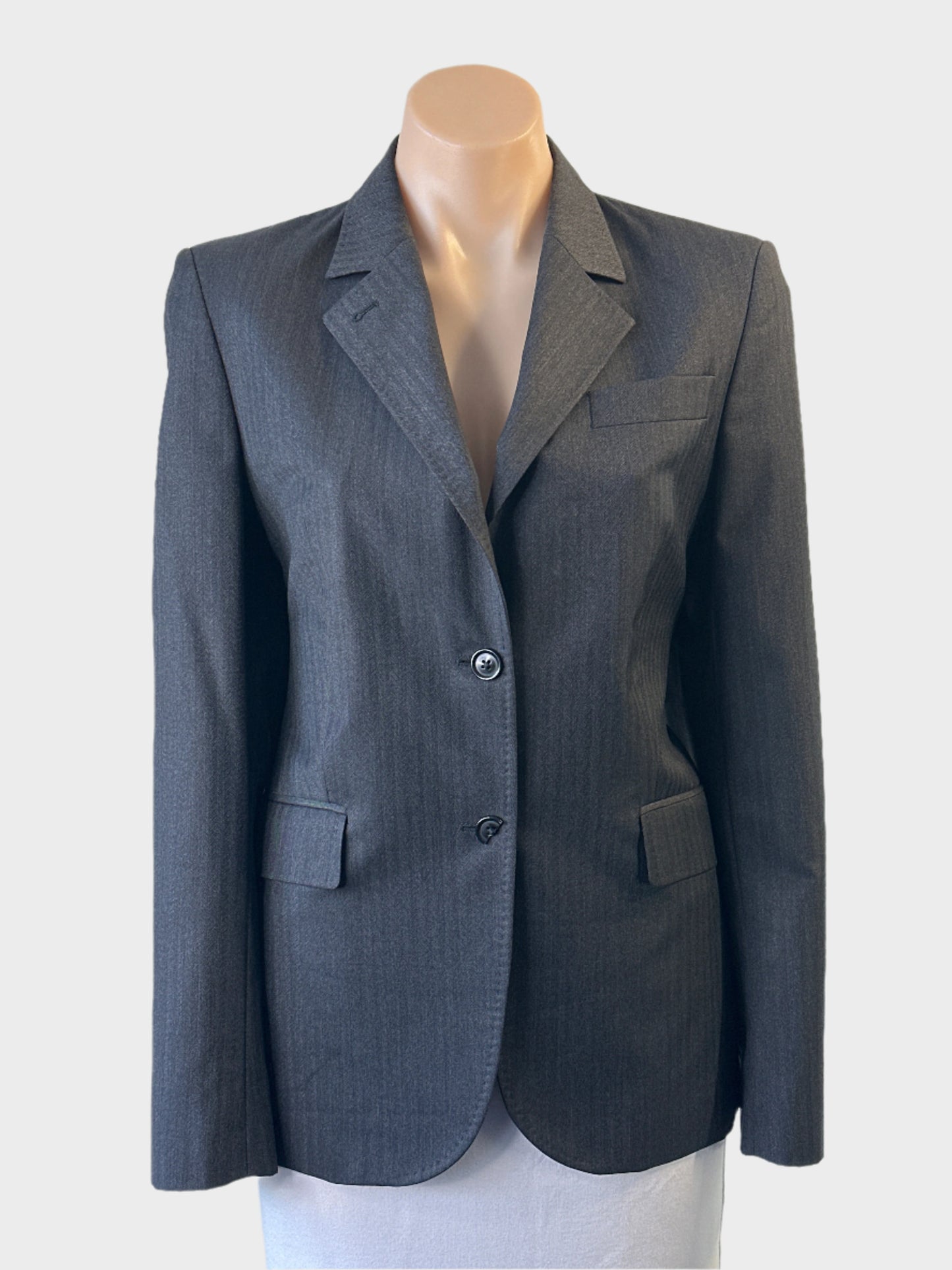 Designer Herringbone grey single breasted jacket in shadow stripe weave with notched lapel for office wear.