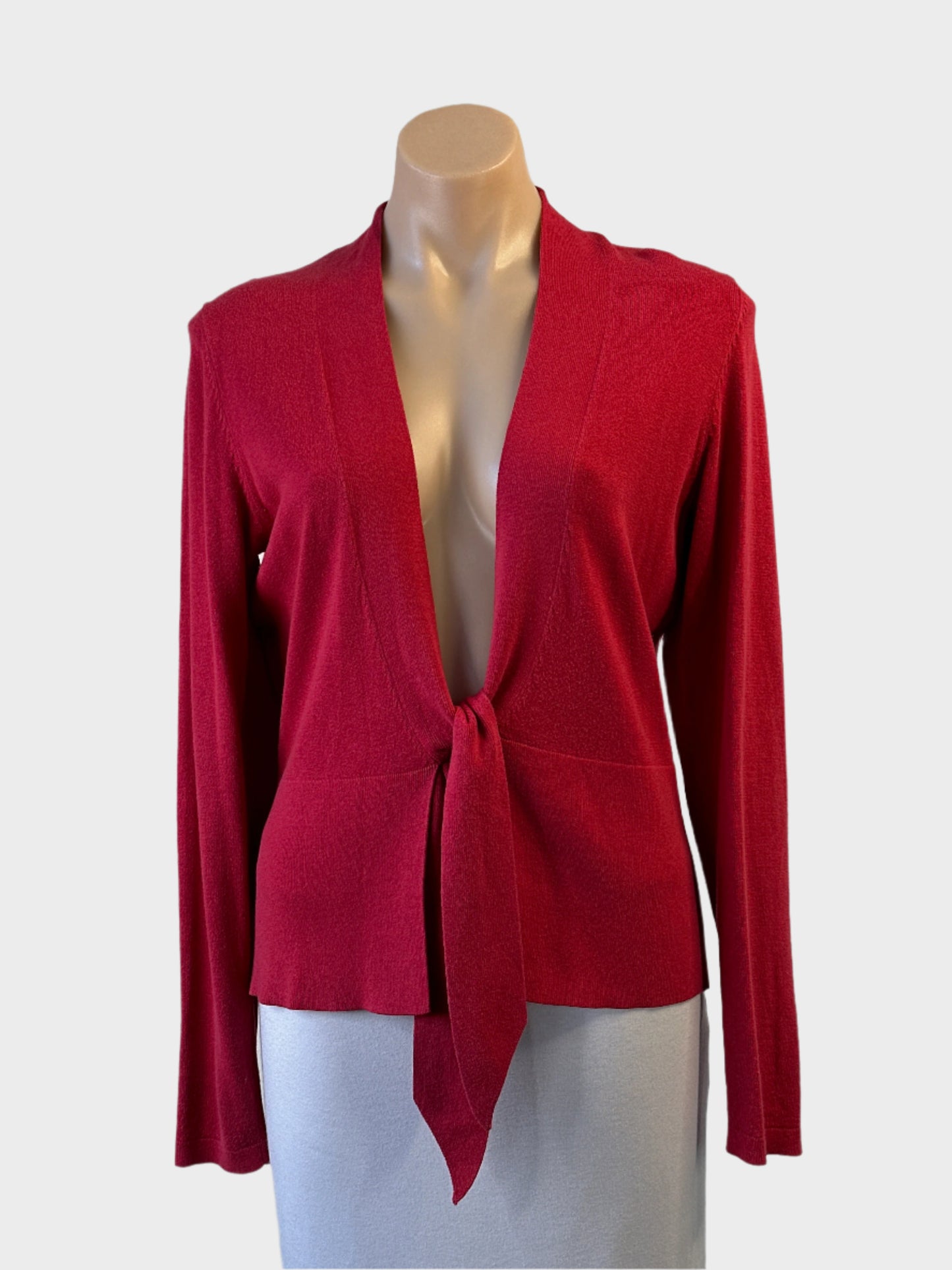 Designer Jackpot Daily red pure cotton knit cardigan with tie front and peplum waist for office or smart casual wear.