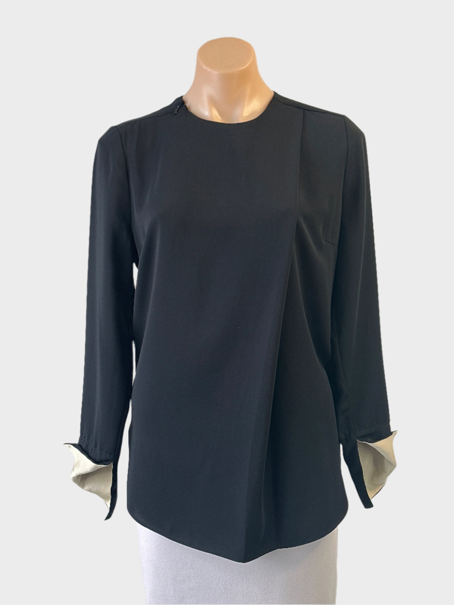 Designer Malene Birger black and beige top with zip shoulder and satin lined cuffs for evening or office wear.