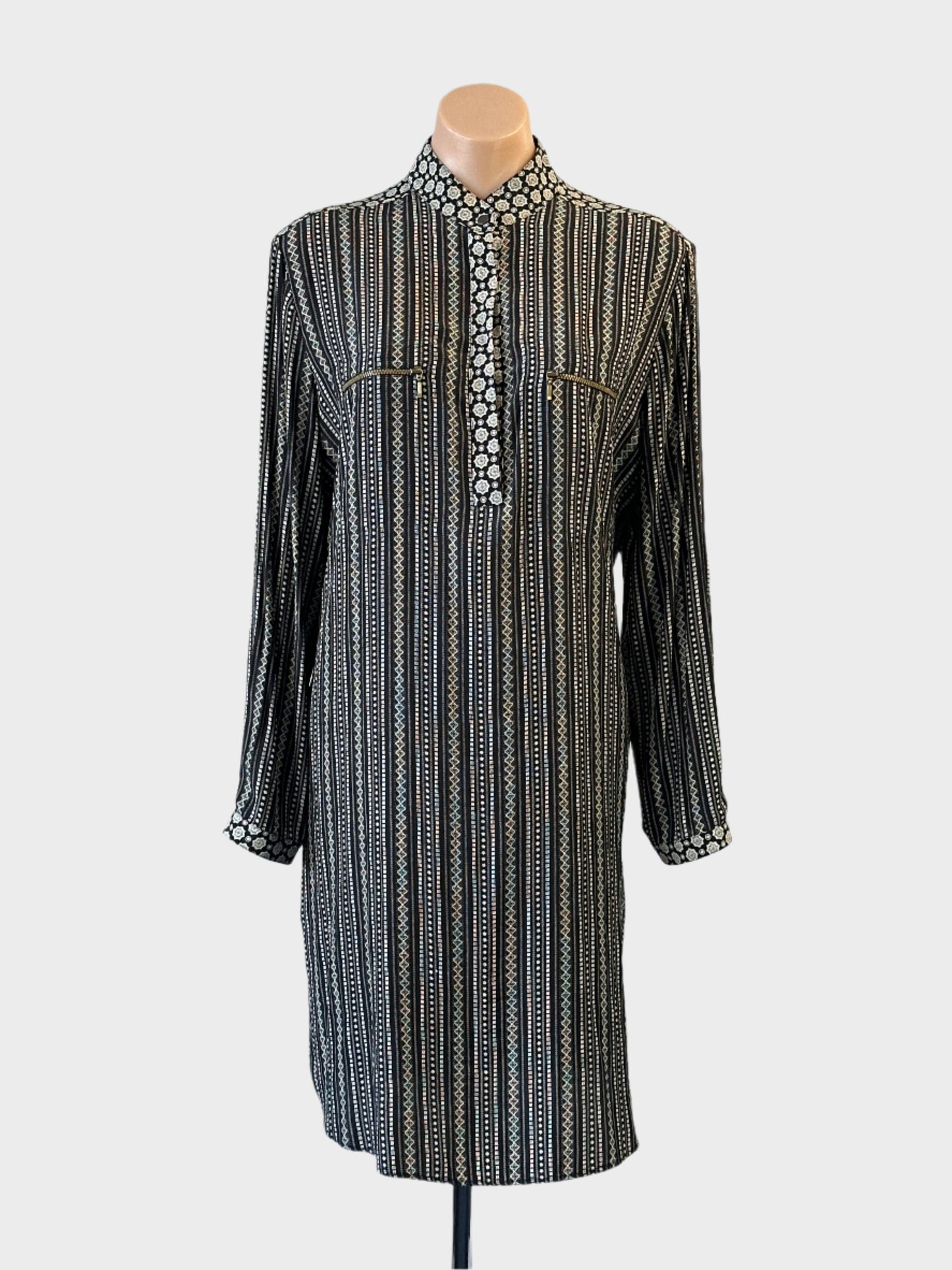 Designer Mela Purdie black and white geometric striped shirt dress with zip pockets for smart casual or office wear.