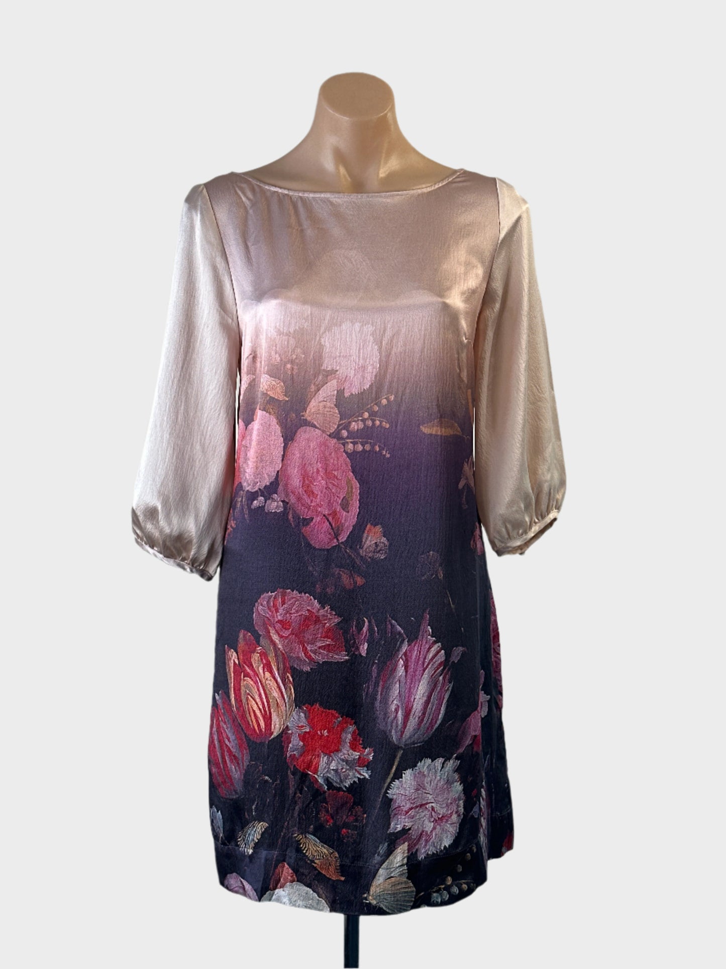 Designer Monsoon pink and purple shift dress in dark floral silk with bateau neck for special events or evening wear.