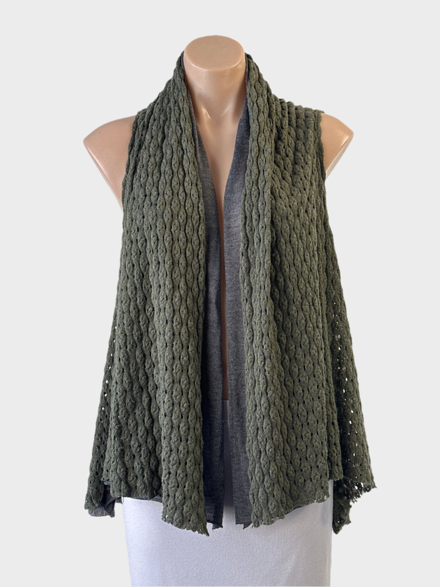 Designer Morrison green and grey crocheted vest with knit lining and shawl collar for smart casual wear.