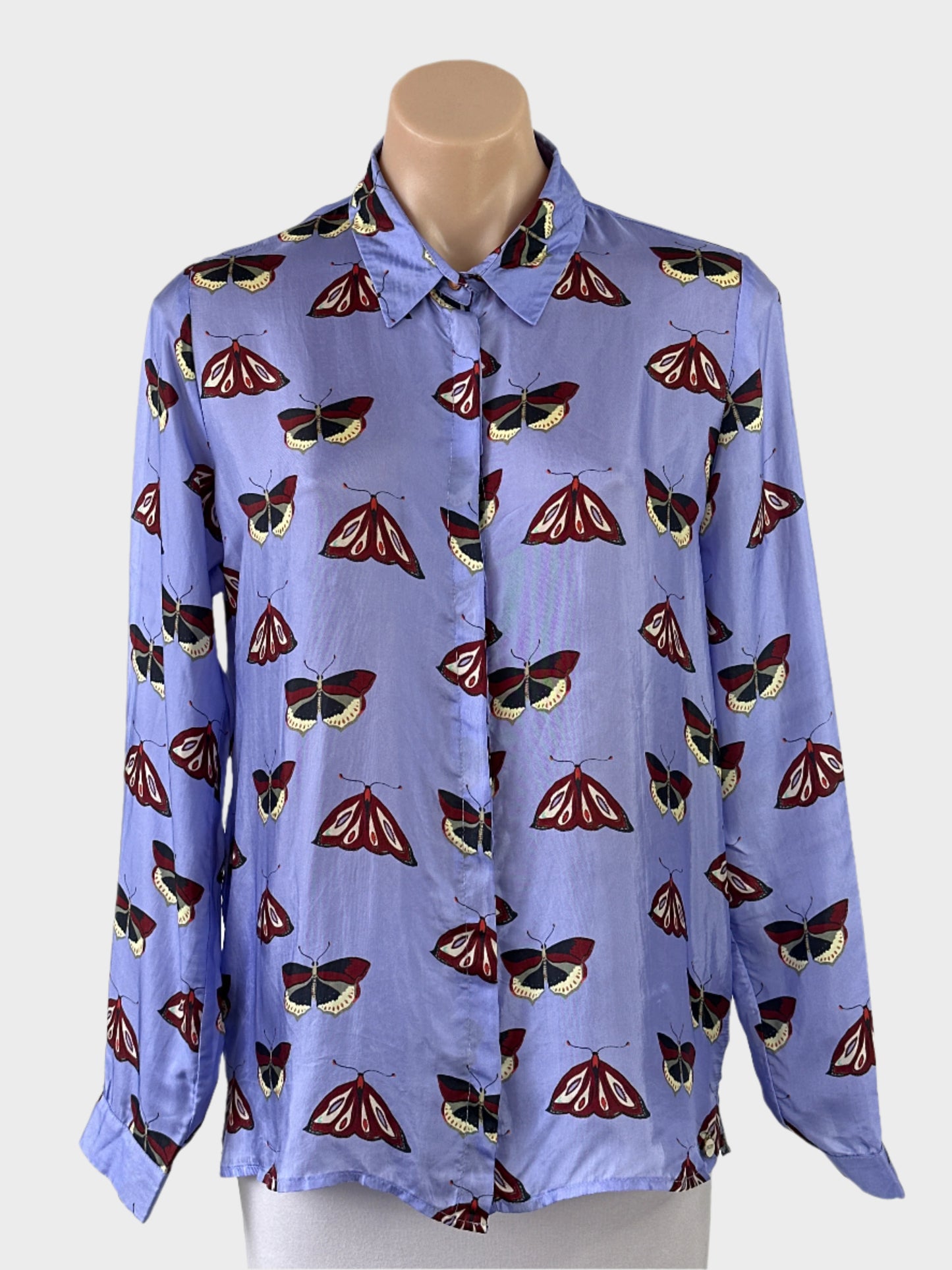 Designer POM purple shirt with moths and butterfly print, satin finish, and standard collar for office or smart casual wear.