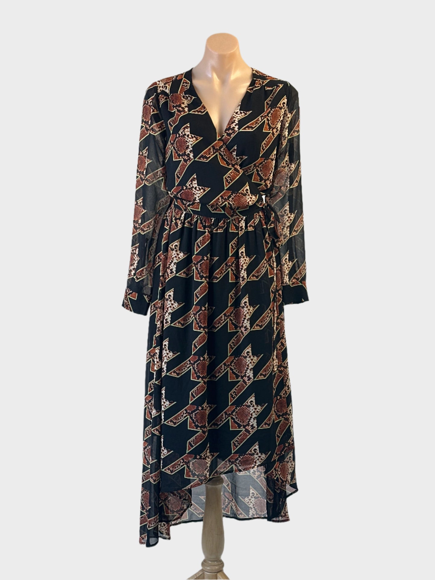 Designer Scotch & Soda wrap dress in black and brown snakeskin print for smart casual wear.