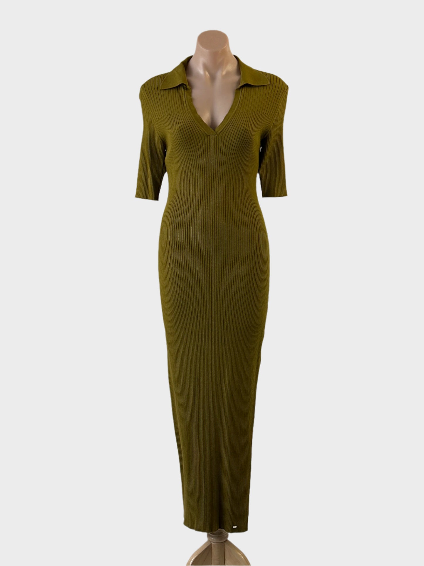Designer Ted Baker green rib knit sweater dress with v-neck Johnny collar for special events or occasions.