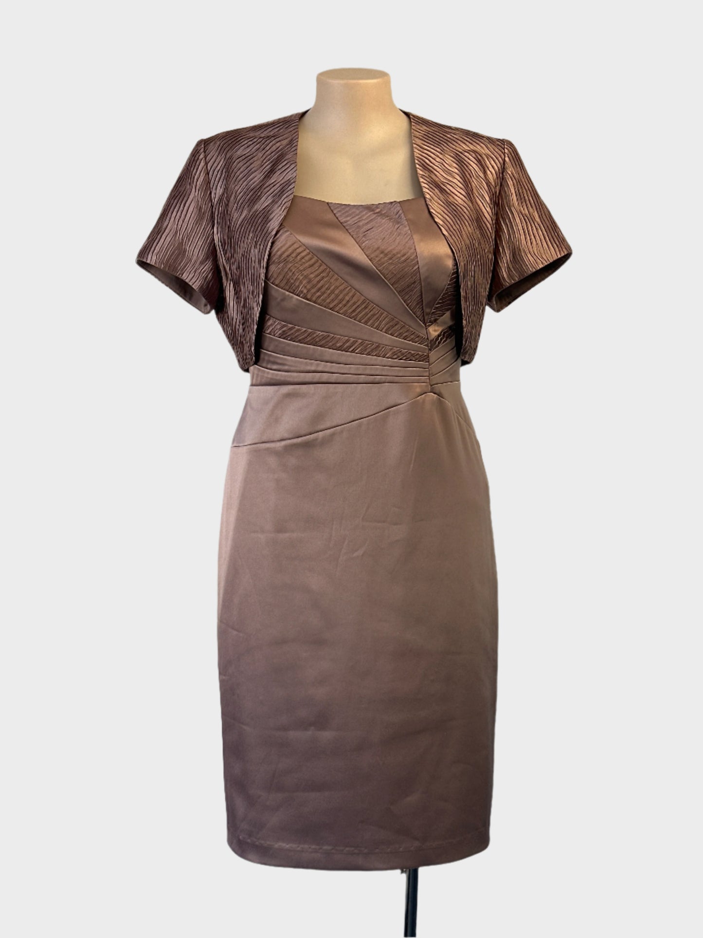 Dress and jacket set in satin and crinkle weave featuring a sleeveless sheath dress for formal or special events wear.