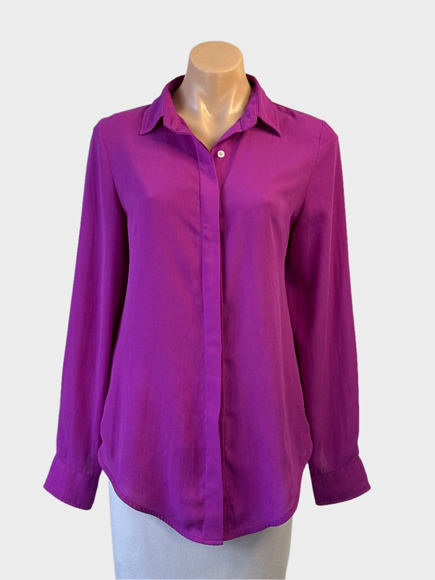 Designer Elliatt pink crepe shirt with concealed button placket and pleated back yoke for office or special events.
