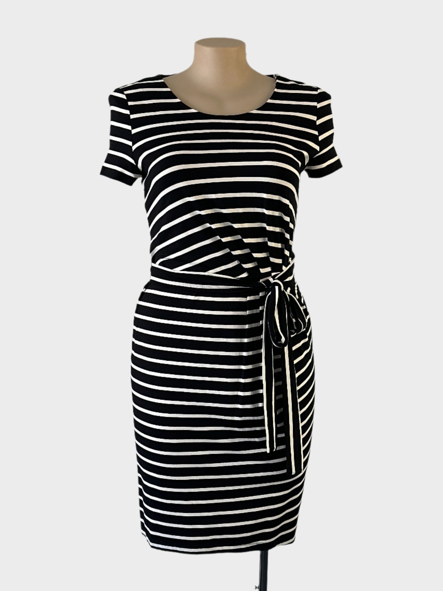 Designer ESPRIT t-shirt dress in black and white striped jersey with short sleeves, round neck, tie front sash and straight skirt for office or smart casual.