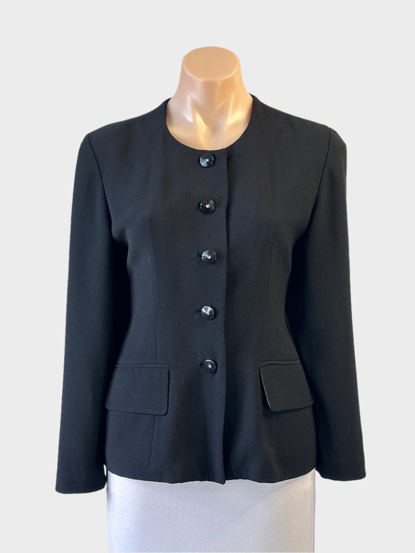 Ferreni Black cardigan jacket in black crepe with decorative buttons for office wear.