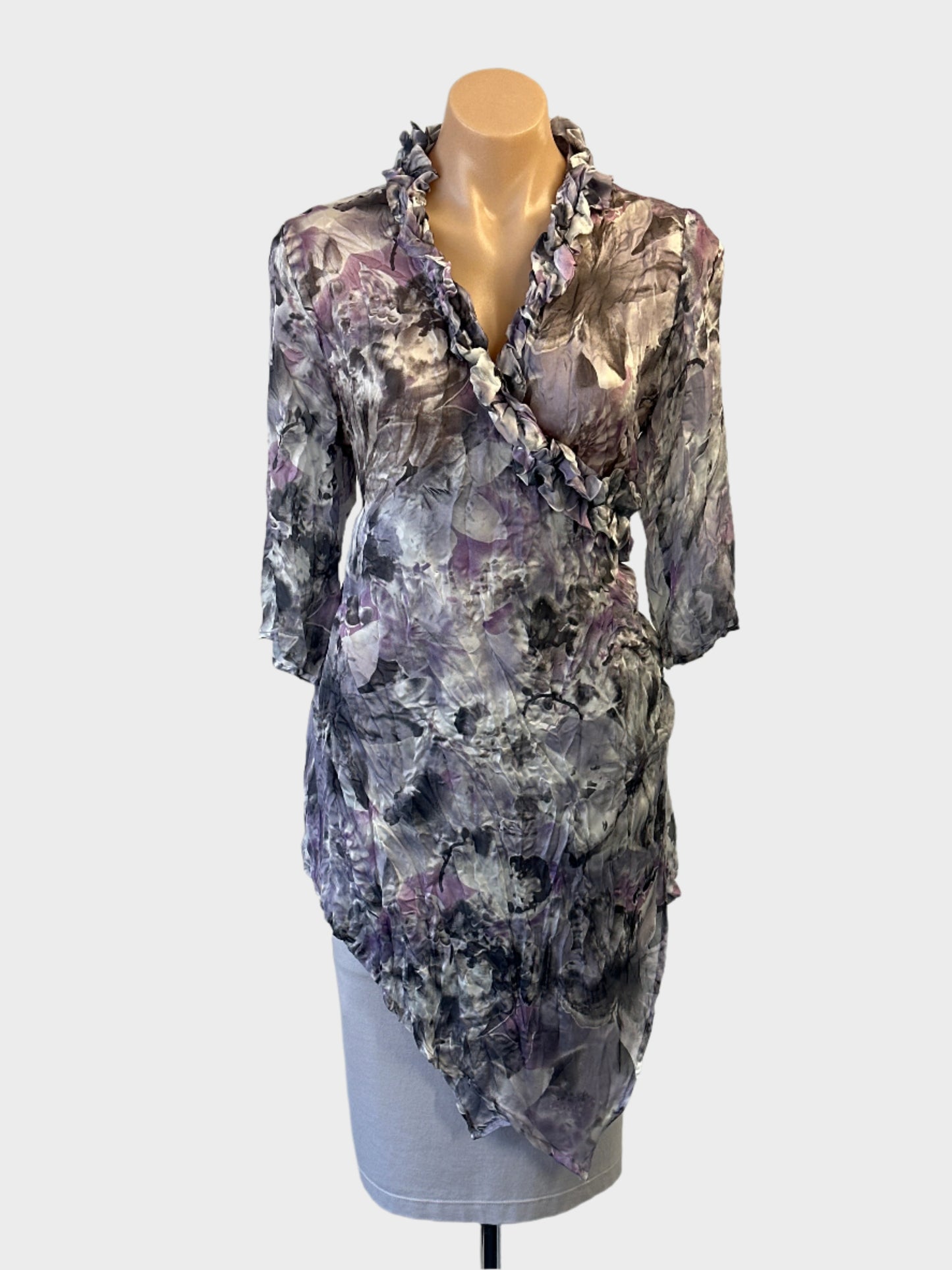 Flower asymmetric top in purple and grey watercolour floral print for special events or evening wear.