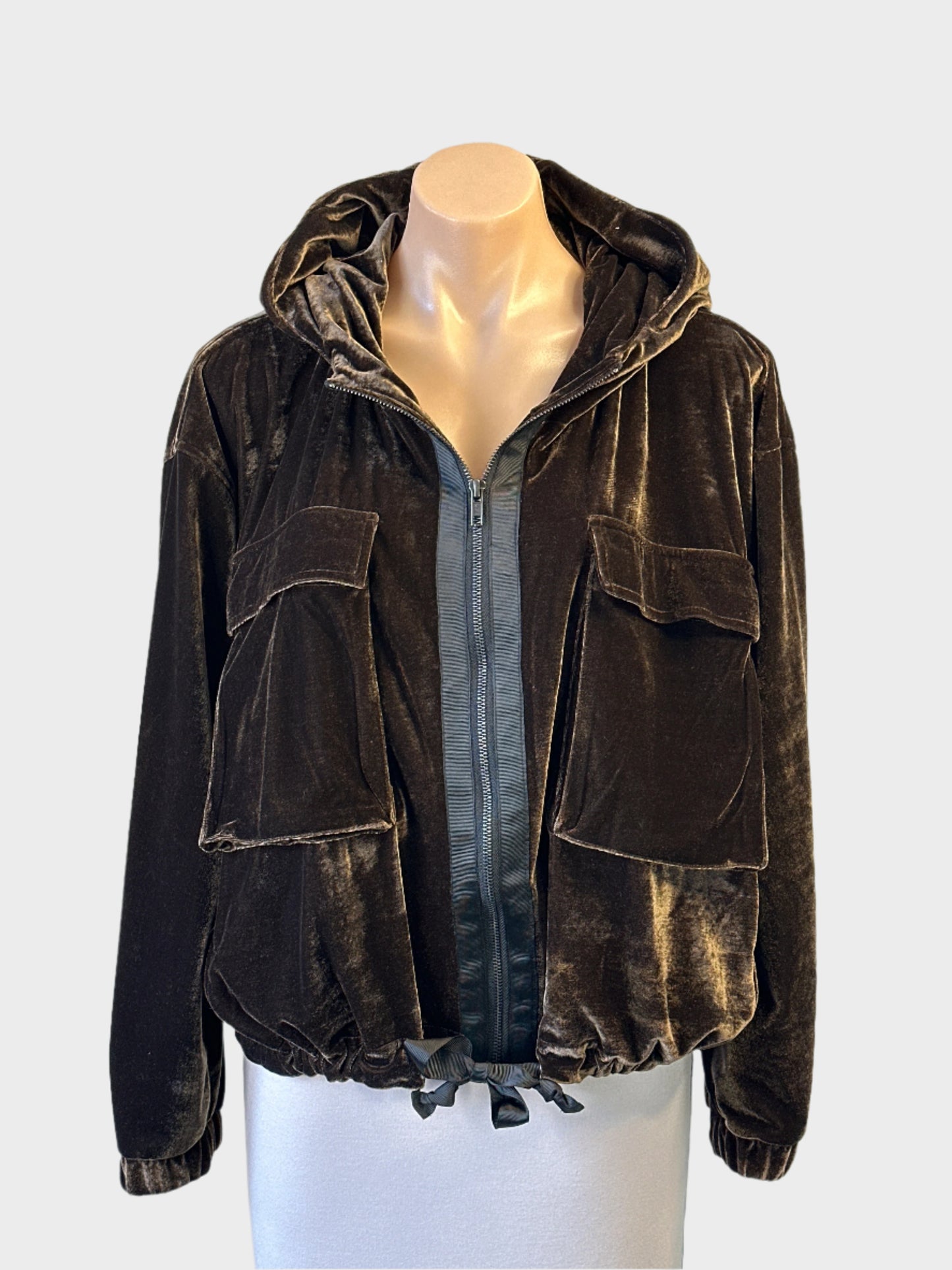Designer FOIL hooded brown velvet jacket with grosgrain trim and drawstring waist for smart casual or evening wear.