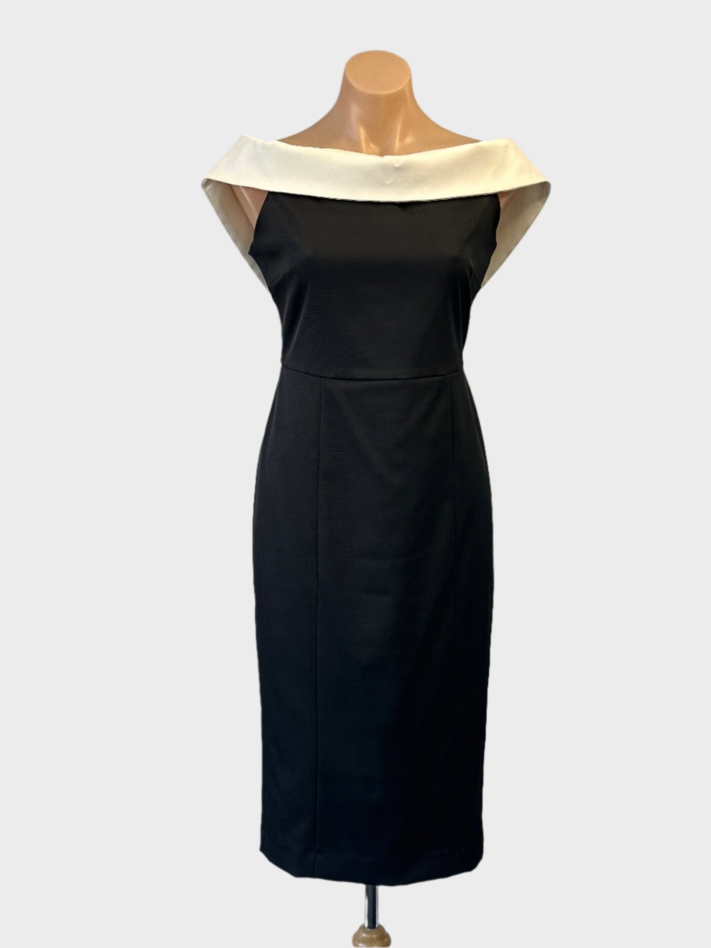 Forcast retro 50's style sleeveless sheath dress in black and white with shawl collar for special events or evening wear.