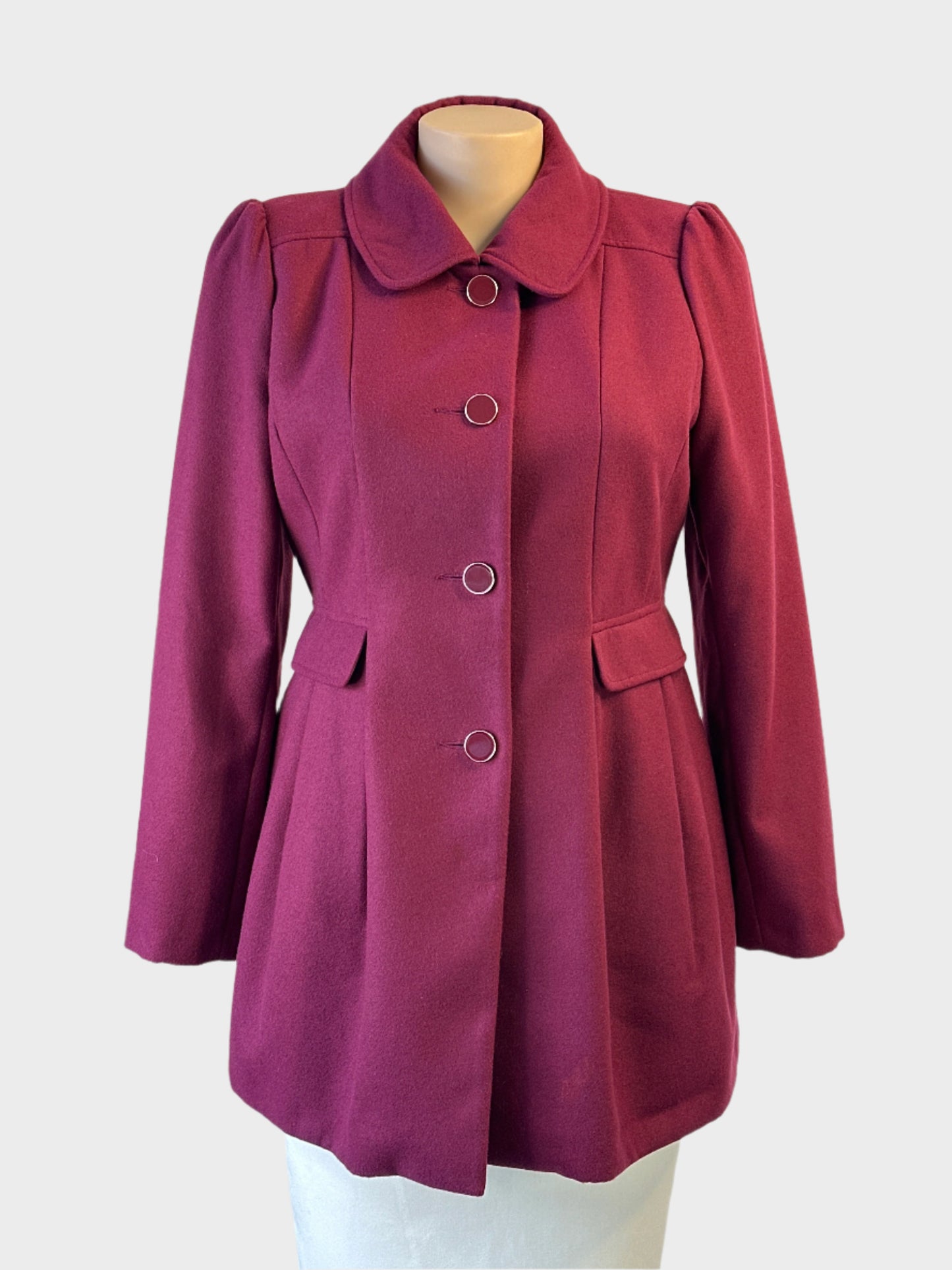 Forever New berry coat with peter pan collar and metal buttons for smart casual wear.