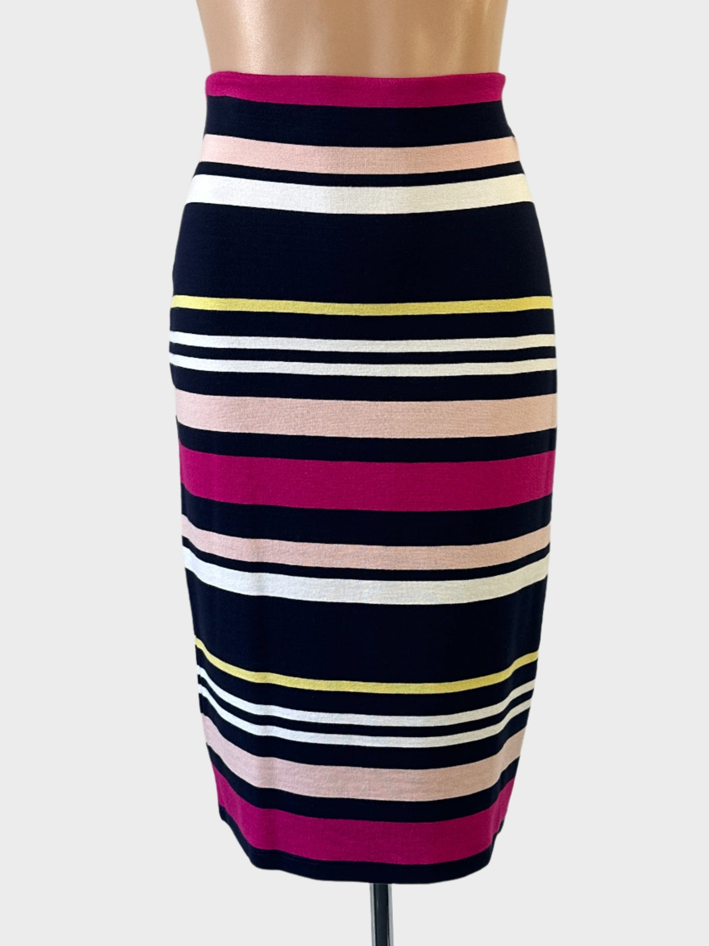 Designer French Connection tube skirt in multicoloured striped knit with elasticated waist for office or smart casual wear.