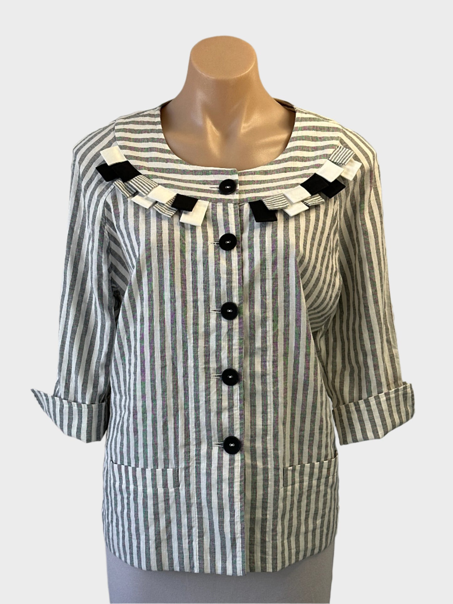 Gay Naffine single breasted cardigan jacket in grey and white striped cotton linen blend for office or smart casual wear.