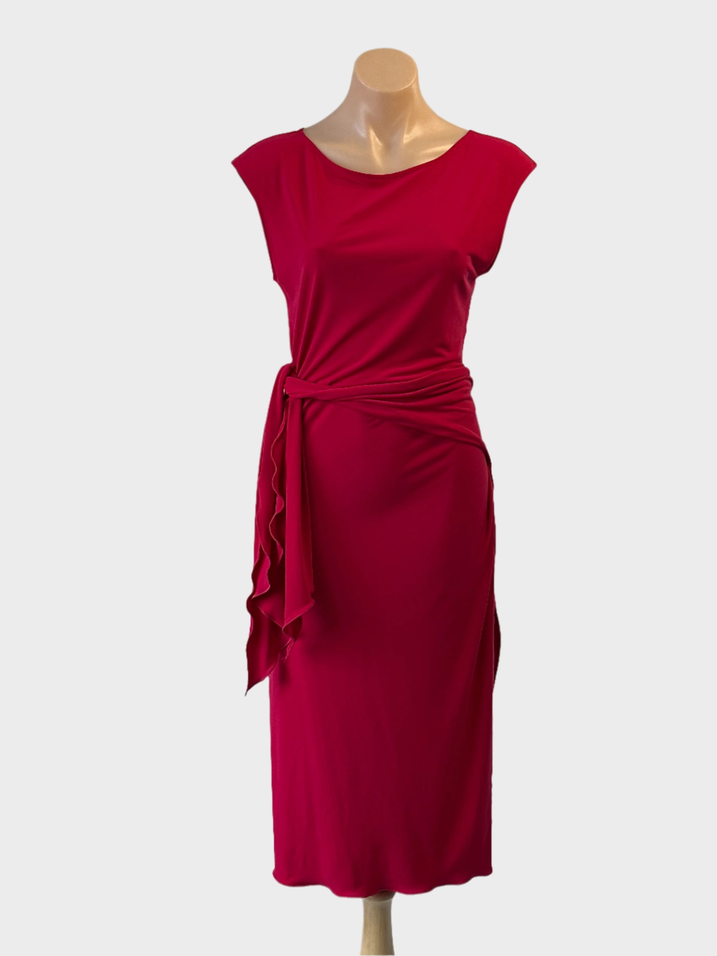 George shift dress in pink with open back and side split for evening or special events wear.