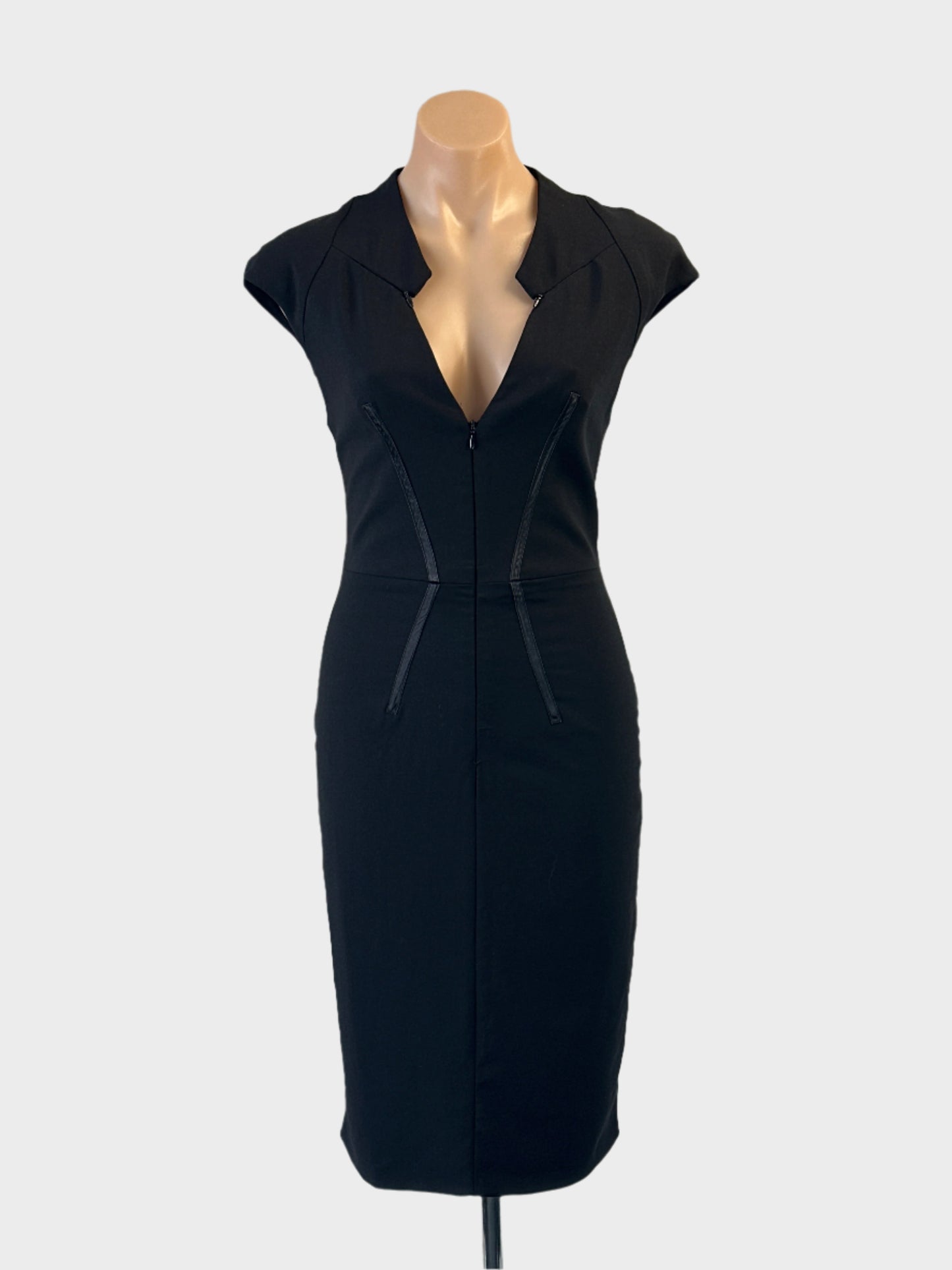 Designer Ginger & Smart little black dress with chevron satin trim and zip front for evening wear.