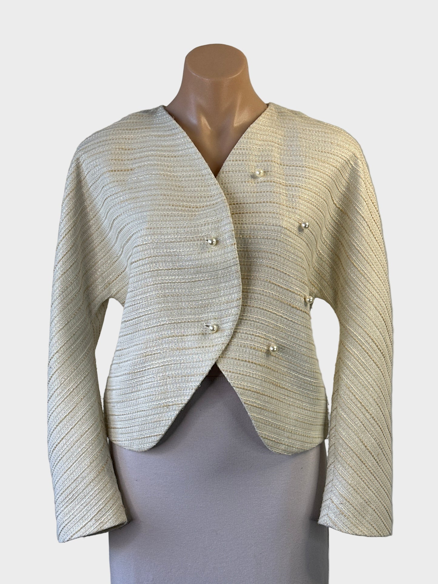 Designer GOJO ivory jacket with metallic flecks, pearl beading, satin lapels and Pre-Raphaelite print for office or special events