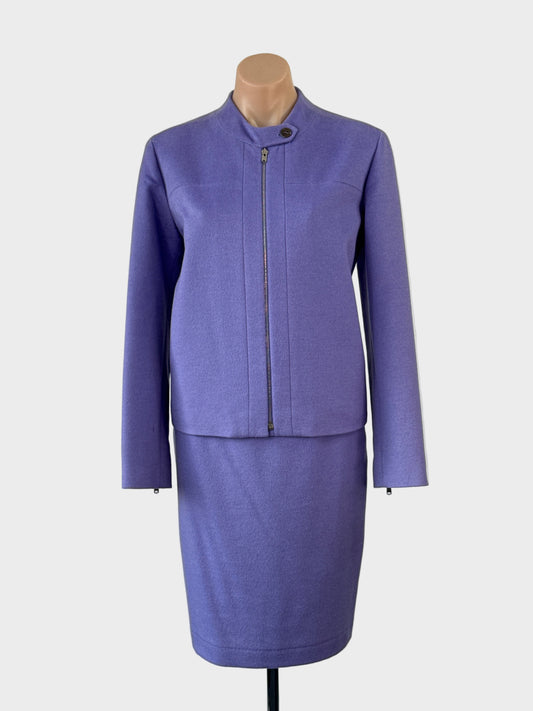 Designer Guy Laroche Paris retro 70’s style skirt and zip front jacket set purple wool angora blend for office