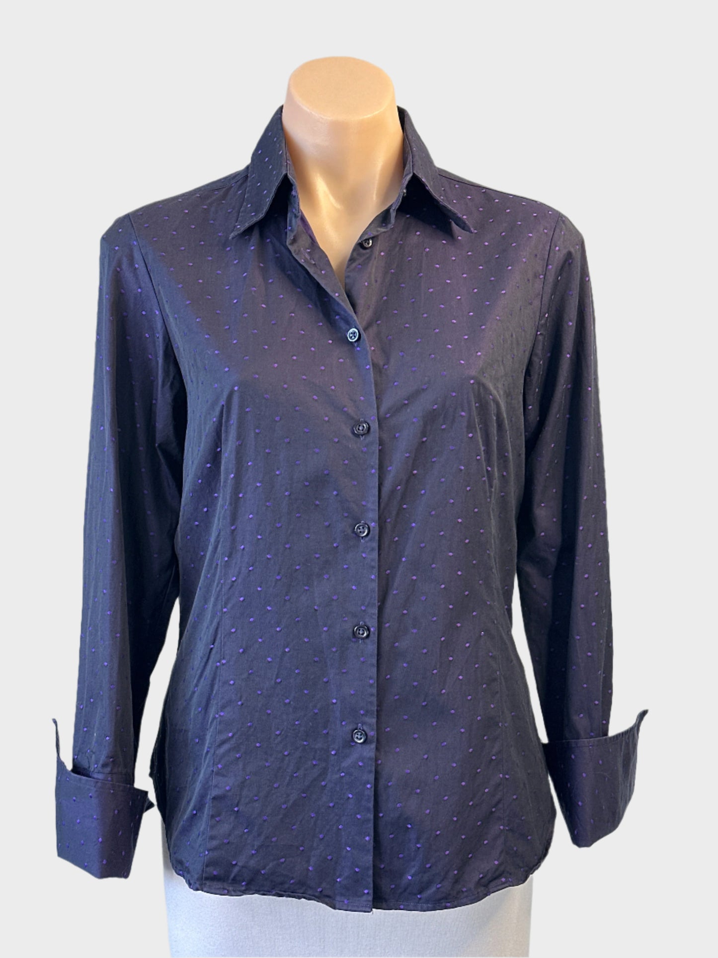 Herringbone navy and purple polka dot weave shirt with French cuffs for office wear.